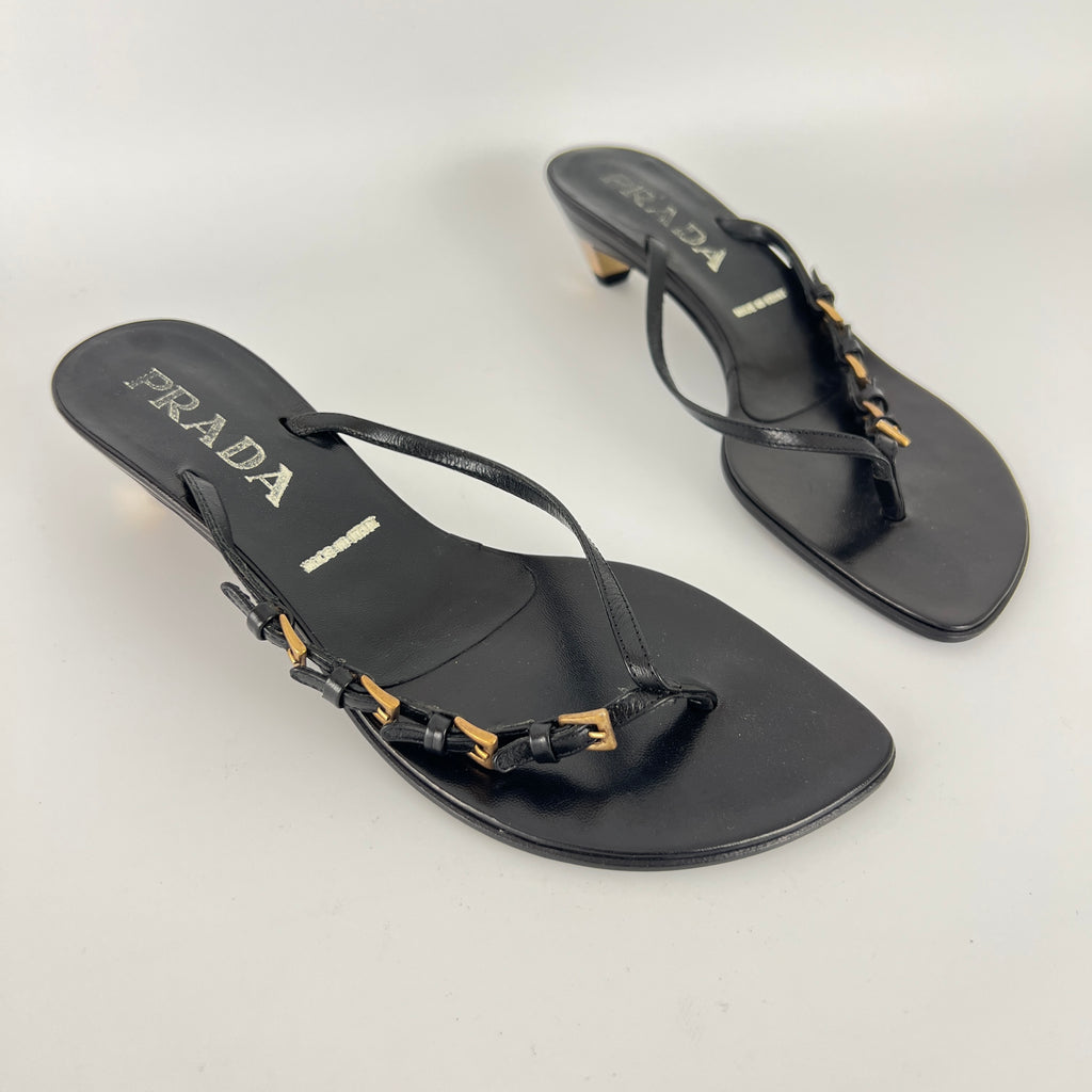 Prada | Vintage Black Leather Gold Buckle Thong Kitten Heels (34.5)