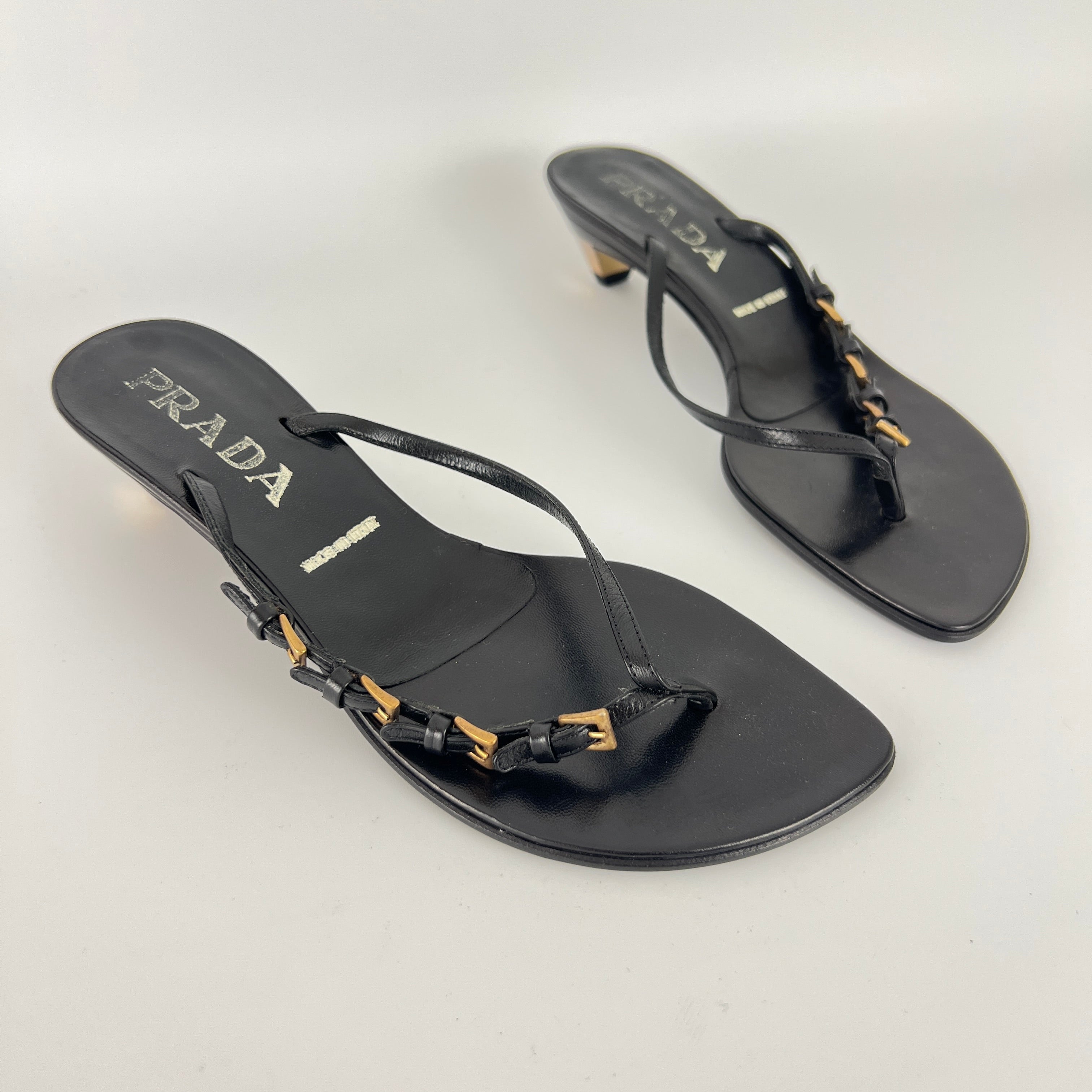 Prada | Vintage Black Leather Gold Buckle Thong Kitten Heels (34.5)