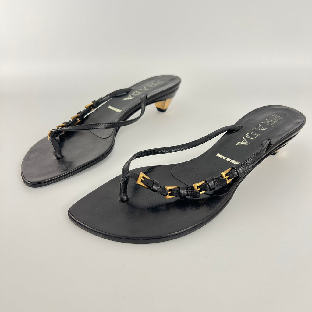 Prada | Vintage Black Leather Gold Buckle Thong Kitten Heels (34.5)