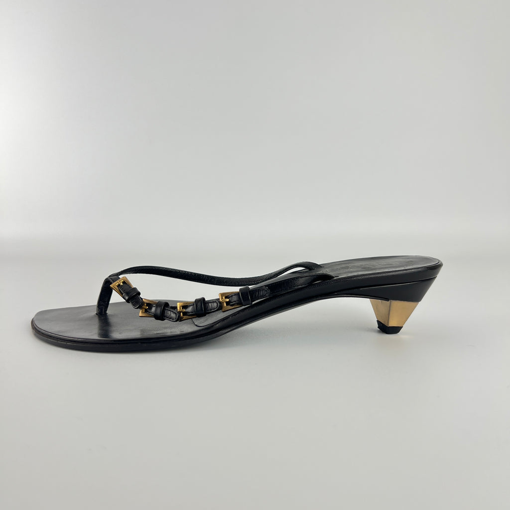 Prada | Vintage Black Leather Gold Buckle Thong Kitten Heels (34.5)