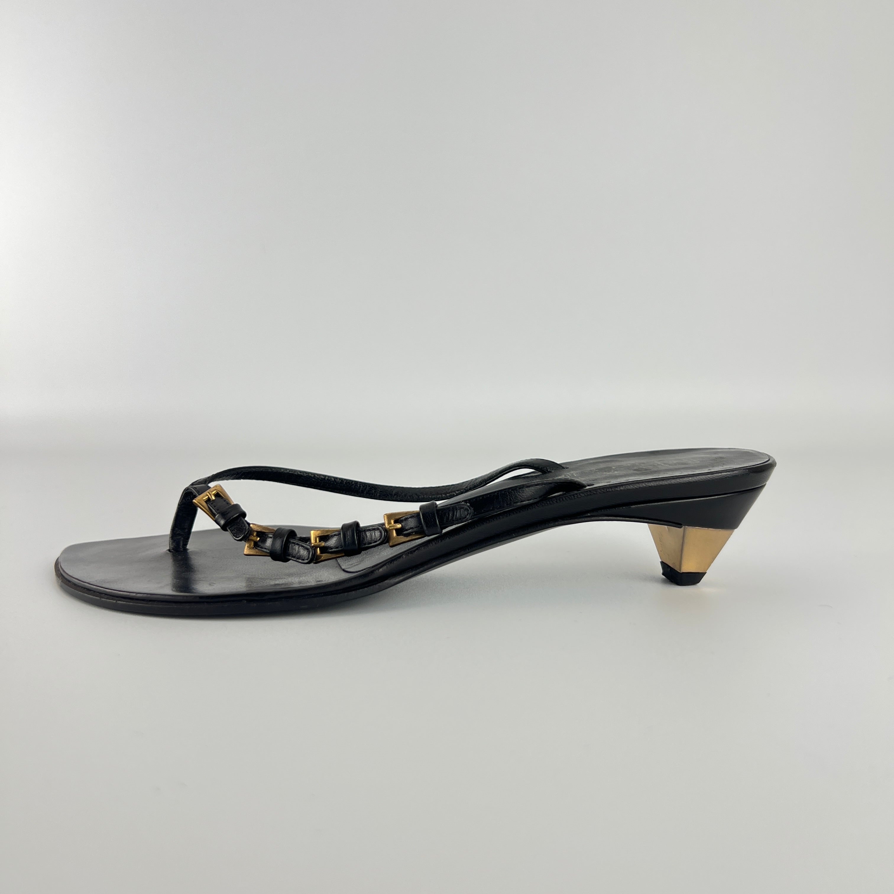 Prada | Vintage Black Leather Gold Buckle Thong Kitten Heels (34.5)