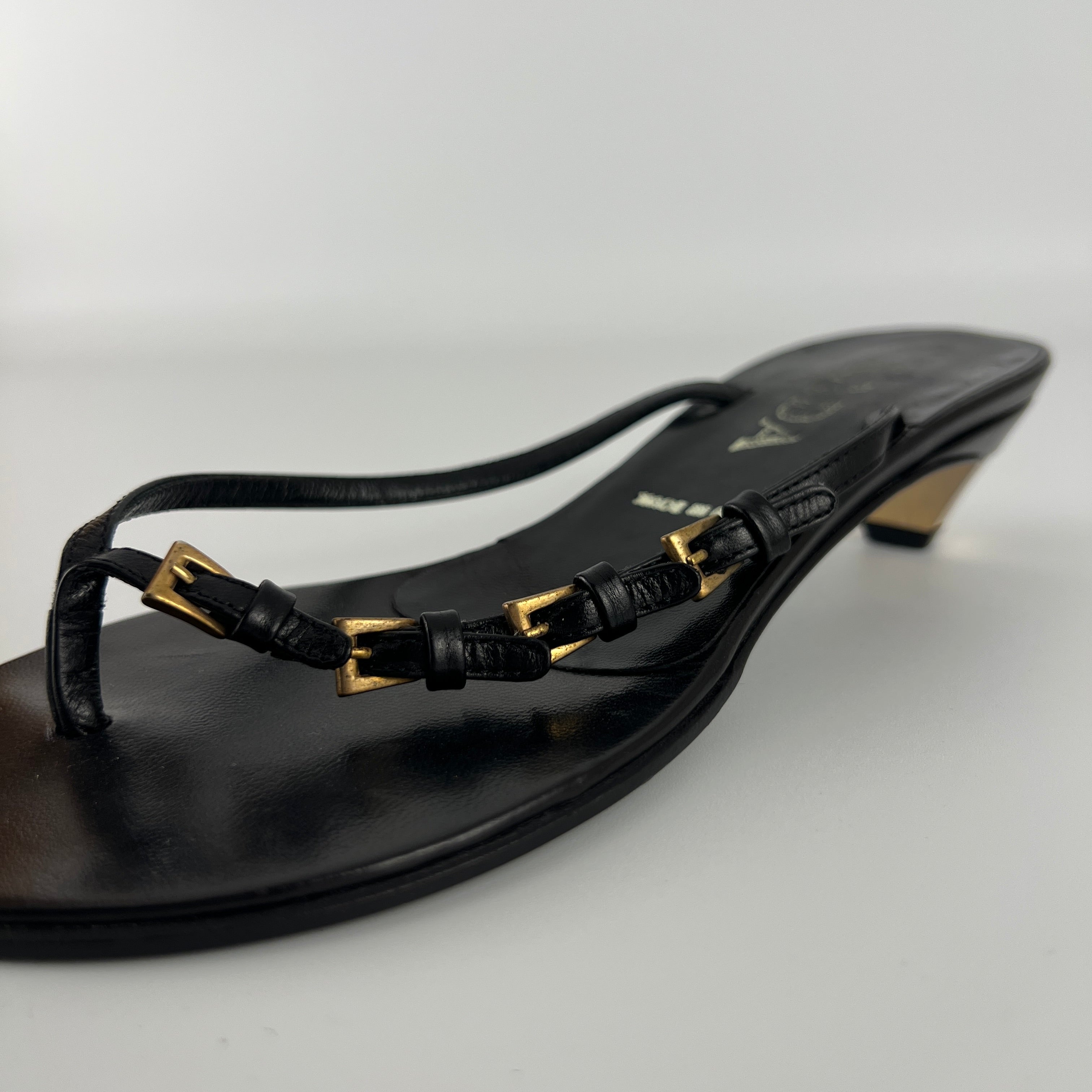 Prada | Vintage Black Leather Gold Buckle Thong Kitten Heels (34.5)