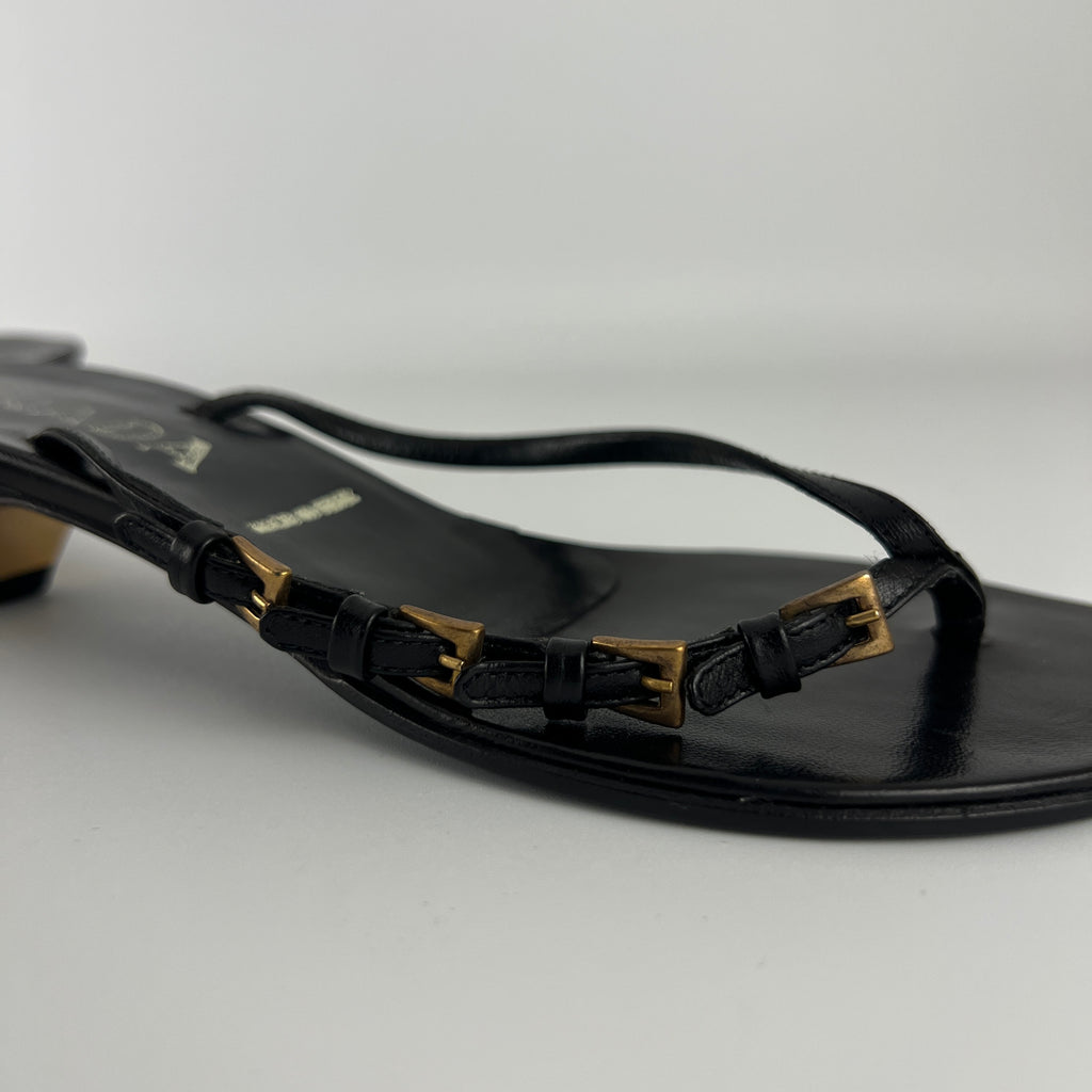 Prada | Vintage Black Leather Gold Buckle Thong Kitten Heels (34.5)