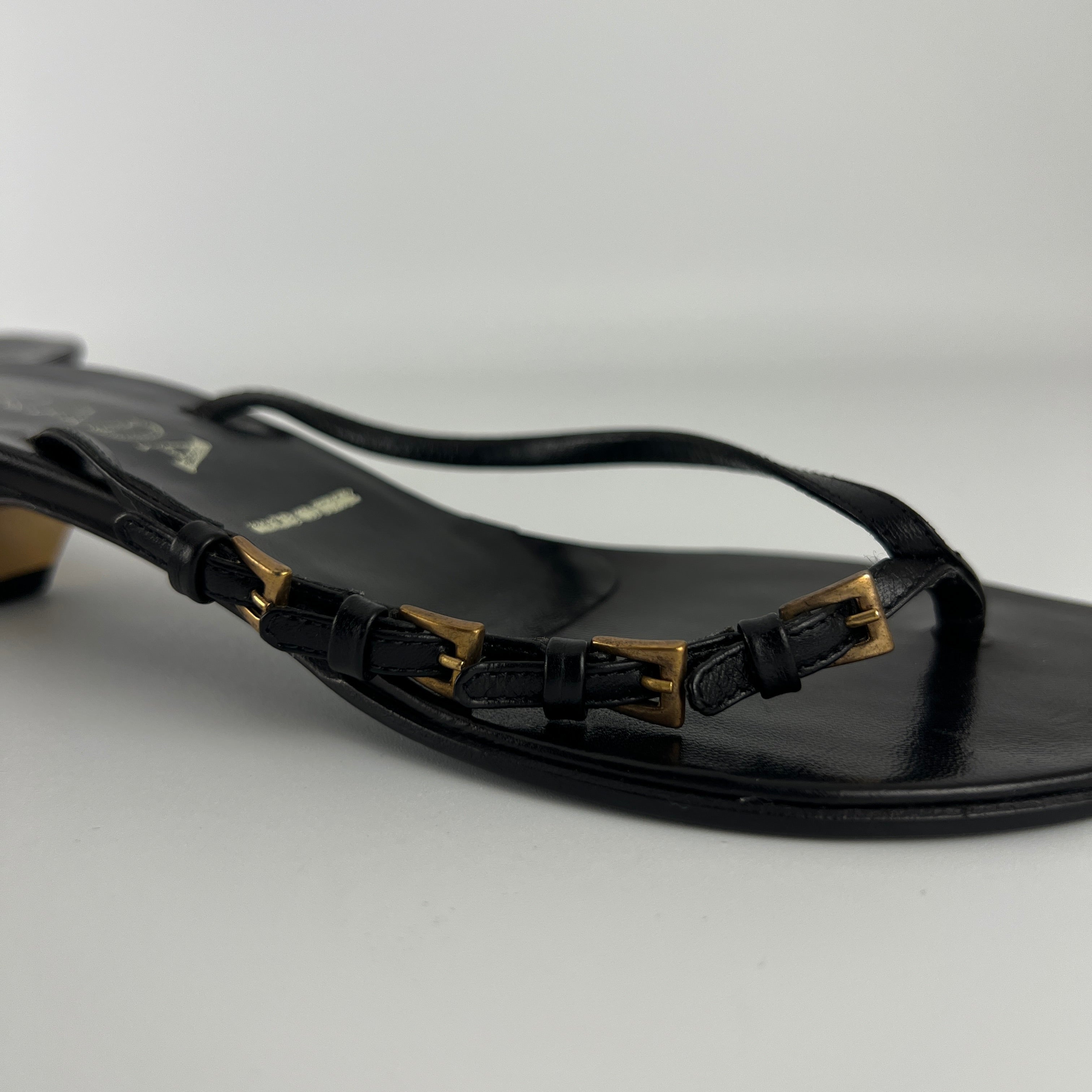 Prada | Vintage Black Leather Gold Buckle Thong Kitten Heels (34.5)