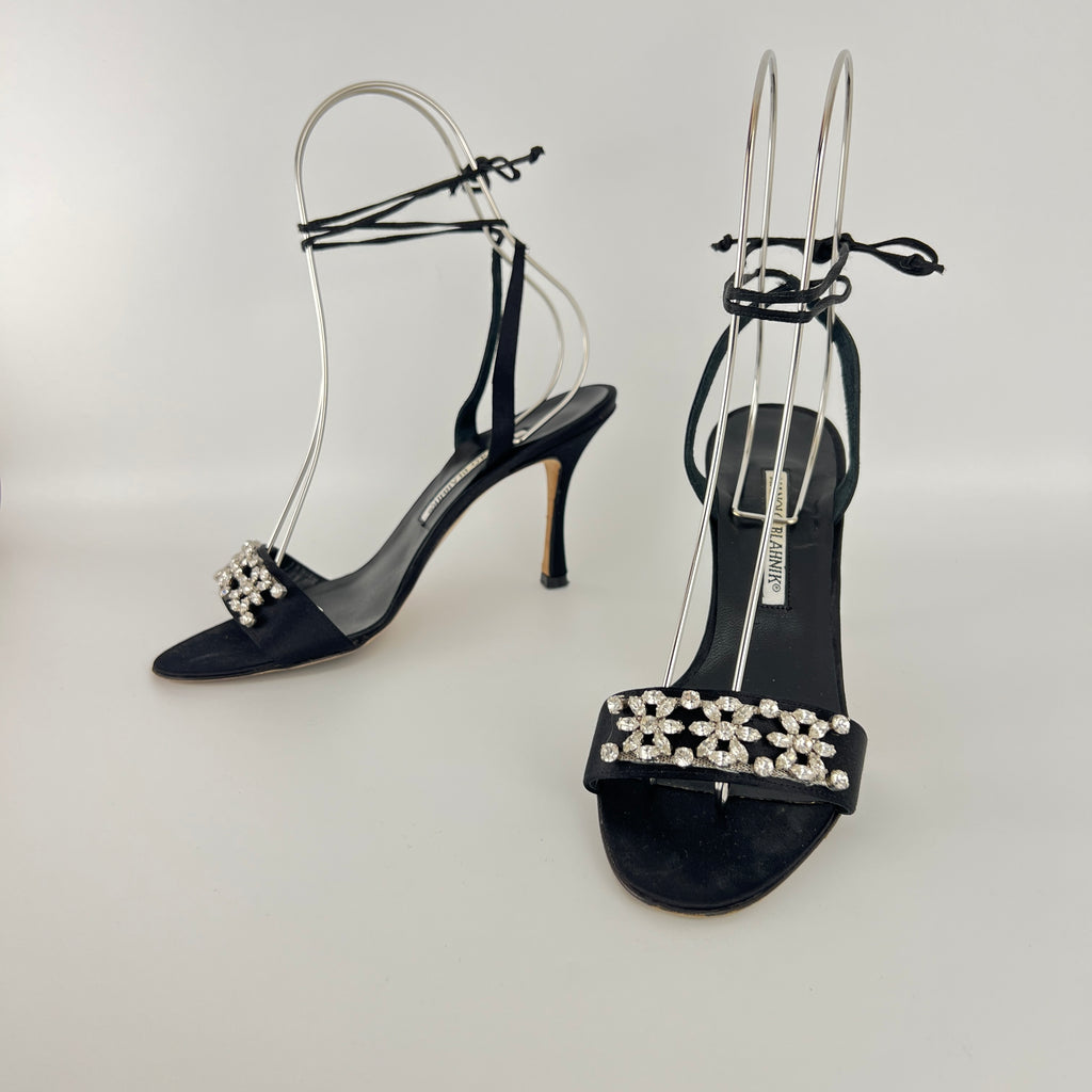 Manolo Blahnik | Black Satin Crystal Embellished Strappy Lace Up Heels (37.5)