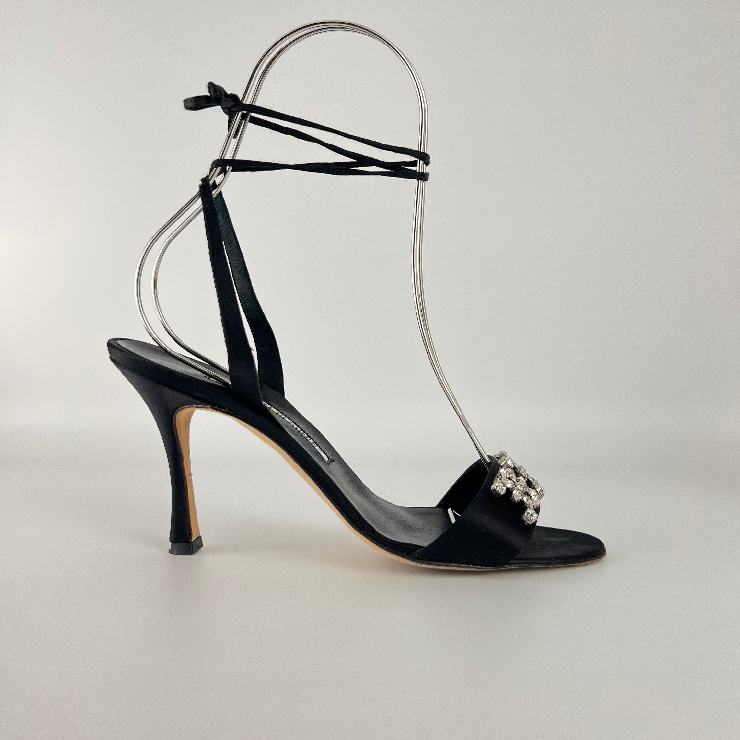Manolo Blahnik | Black Satin Crystal Embellished Strappy Lace Up Heels (37.5)