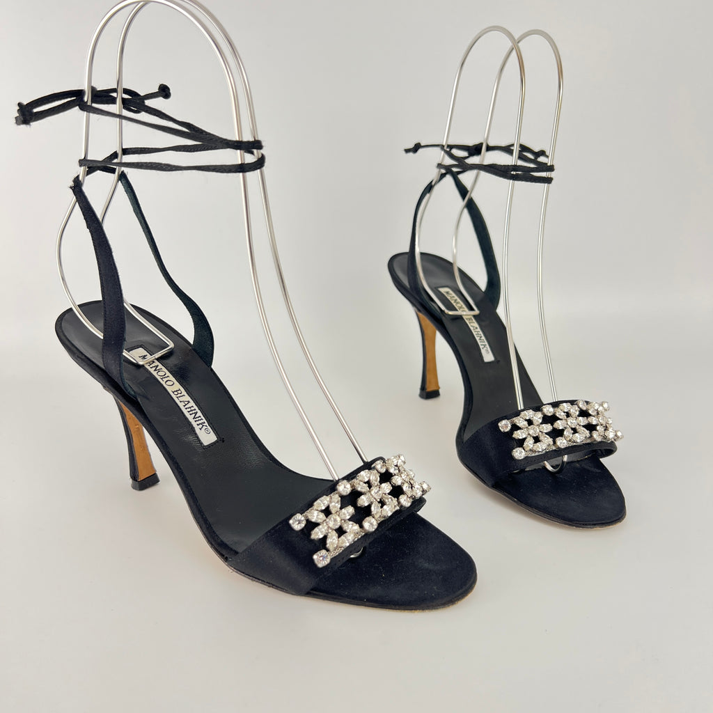 Manolo Blahnik | Black Satin Crystal Embellished Strappy Lace Up Heels (37.5)