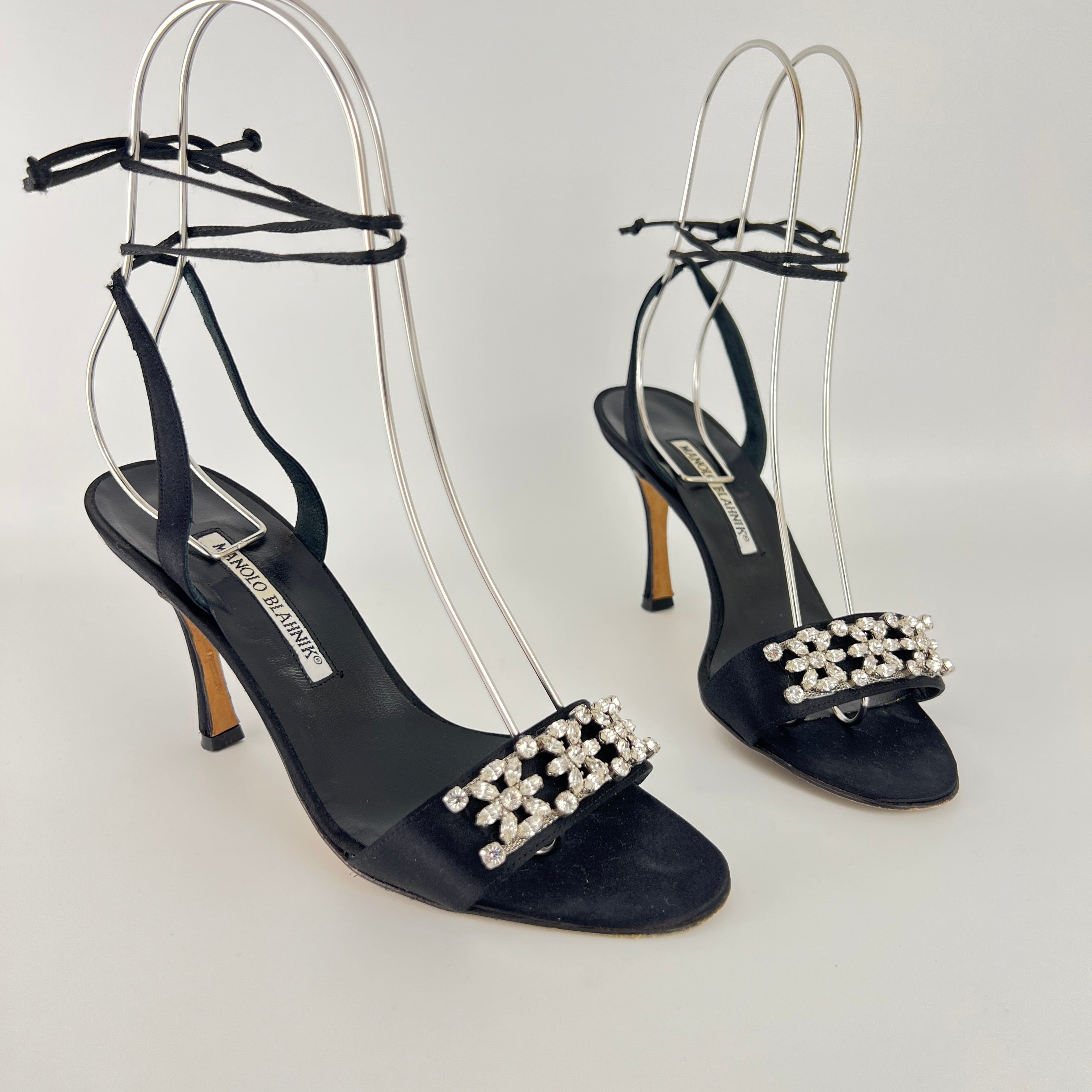 Manolo Blahnik | Black Satin Crystal Embellished Strappy Lace Up Heels (37.5)