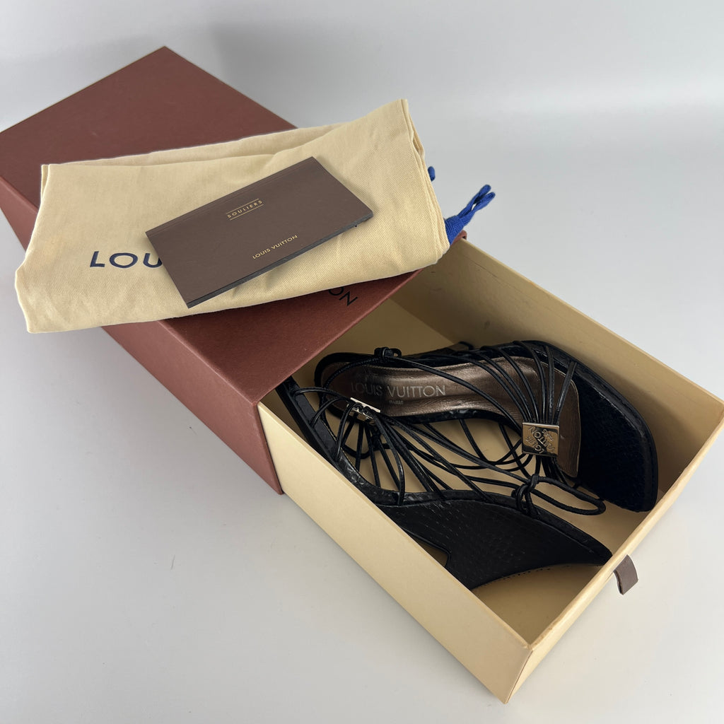 Louis Vuitton | Black Exotic Leather Silver Logo Plate Strappy Wedge Heels (37)
