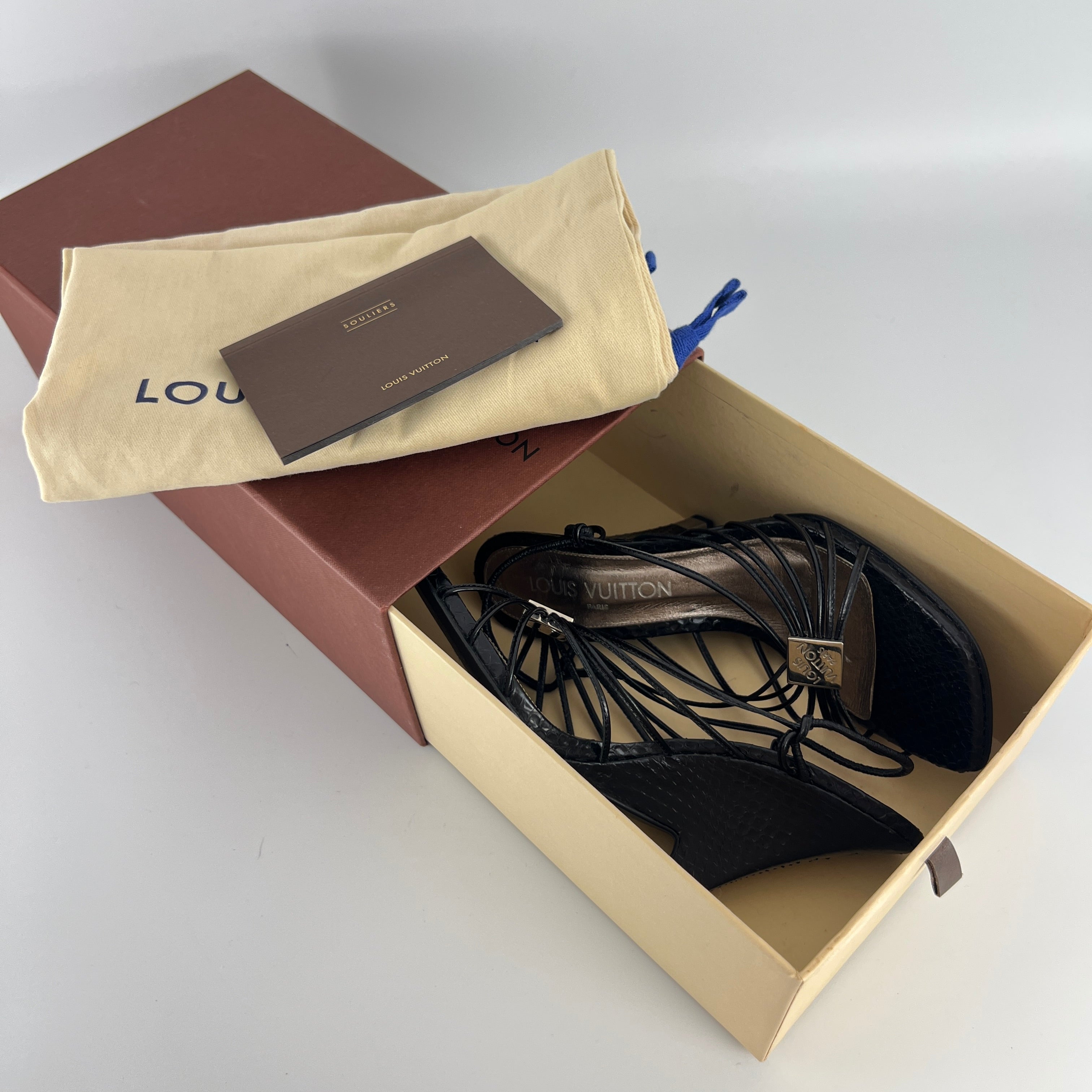 Louis Vuitton | Black Exotic Leather Silver Logo Plate Strappy Wedge Heels (37)
