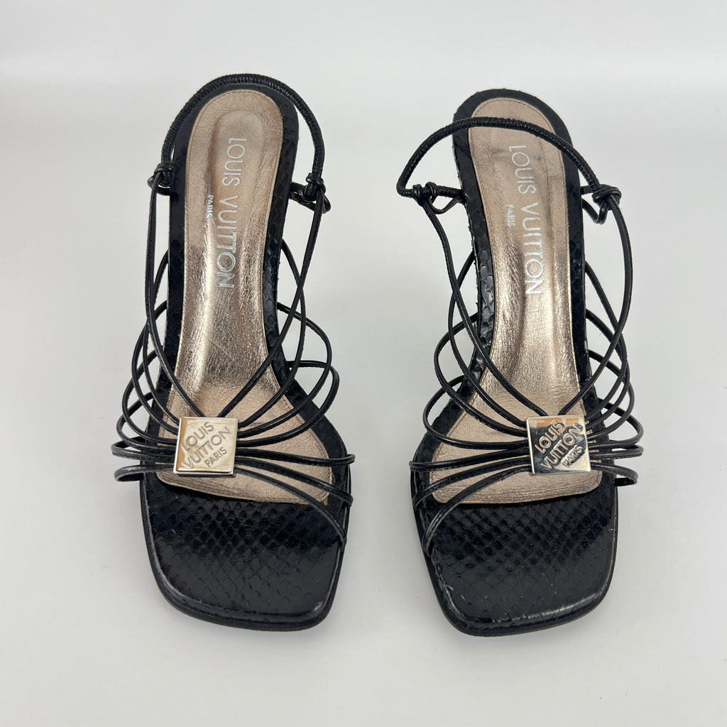 Louis Vuitton | Black Exotic Leather Silver Logo Plate Strappy Wedge Heels (37)