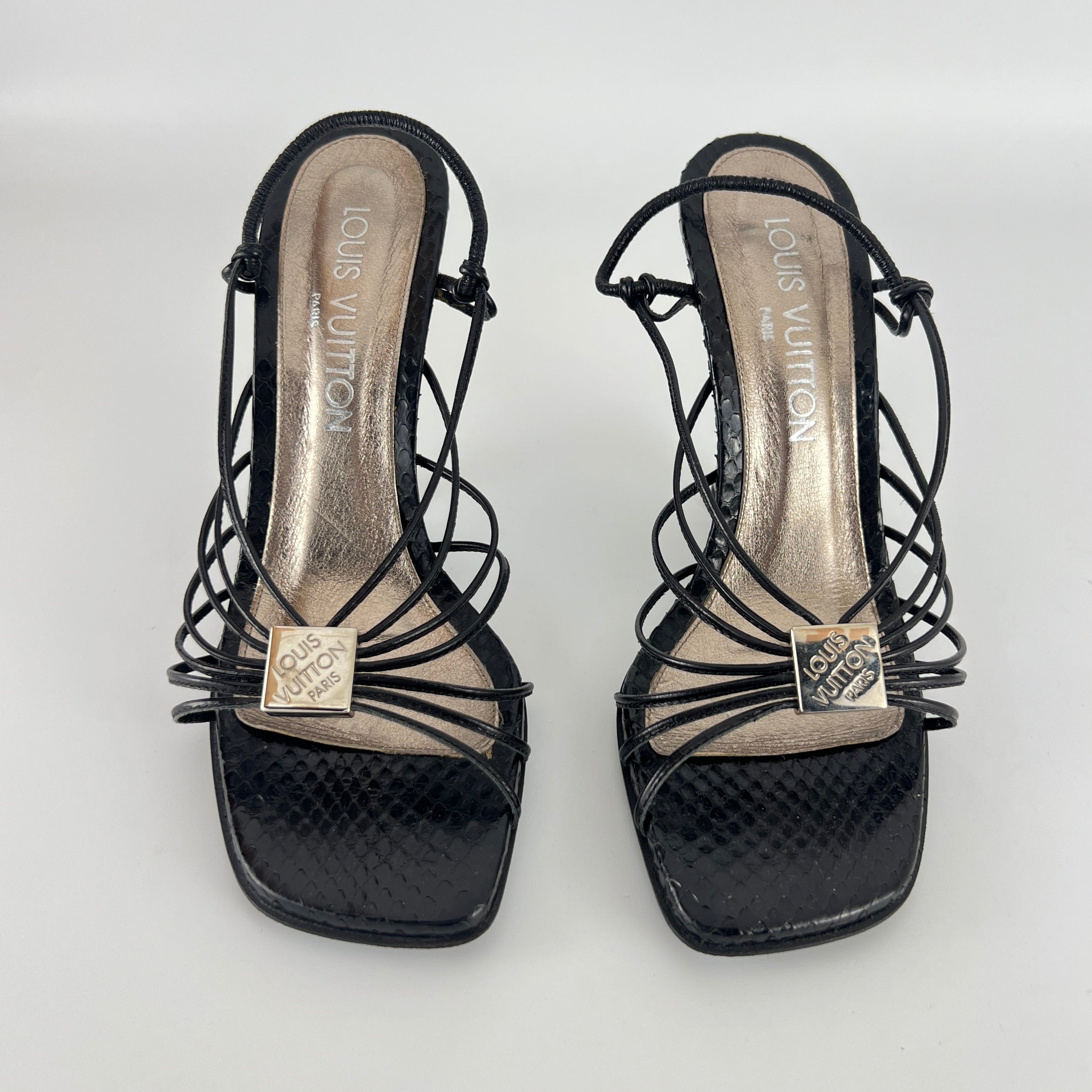 Louis Vuitton | Black Exotic Leather Silver Logo Plate Strappy Wedge Heels (37)