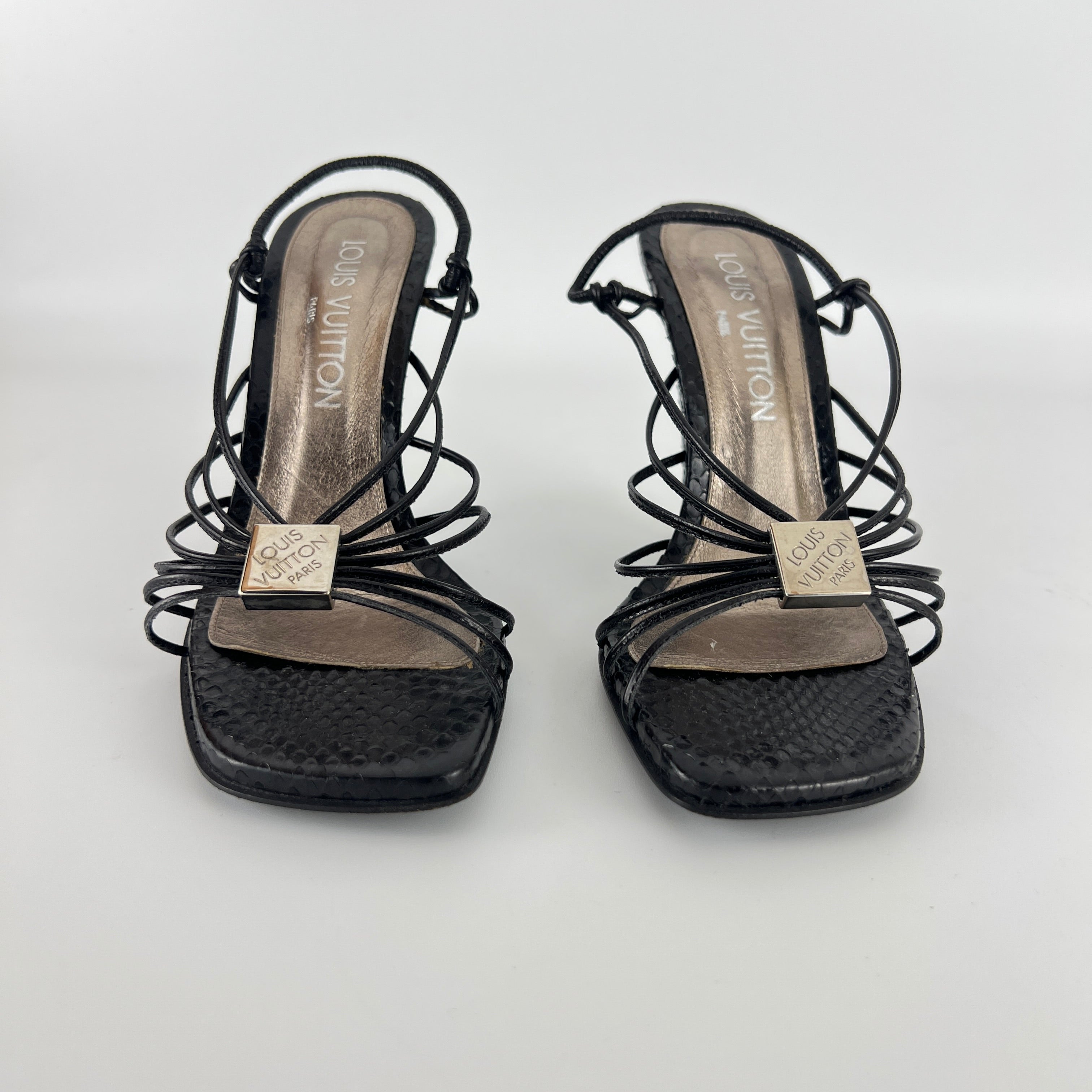 Louis Vuitton | Black Exotic Leather Silver Logo Plate Strappy Wedge Heels (37)
