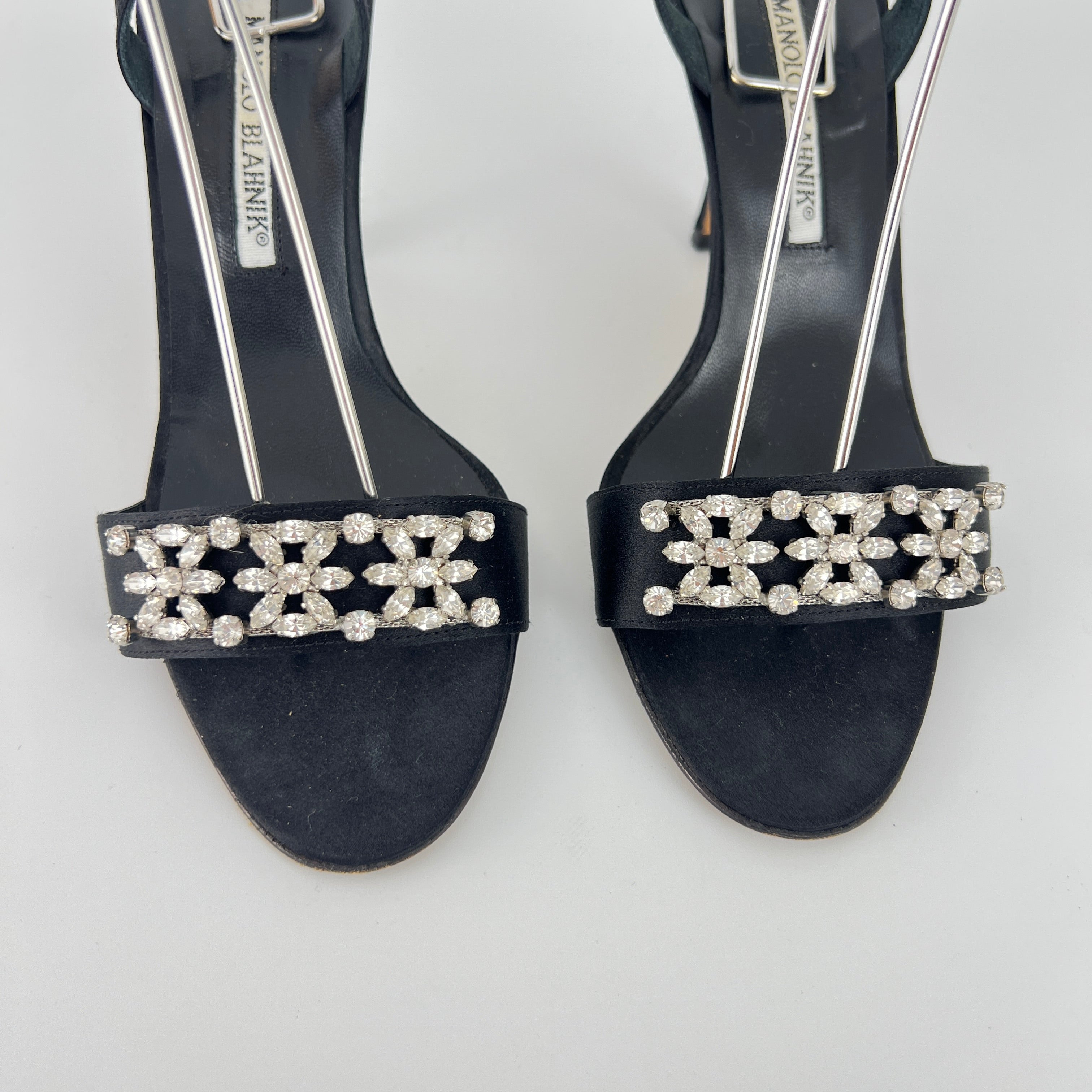 Manolo Blahnik | Black Satin Crystal Embellished Strappy Lace Up Heels (37.5)