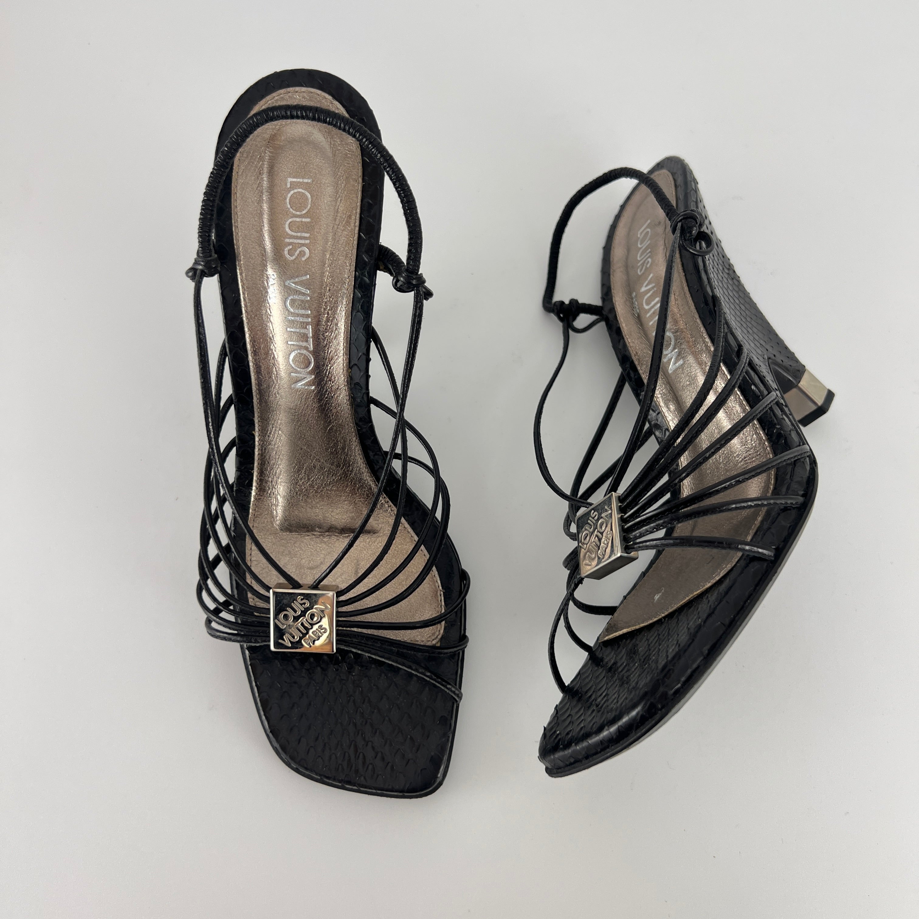 Louis Vuitton | Black Exotic Leather Silver Logo Plate Strappy Wedge Heels (37)
