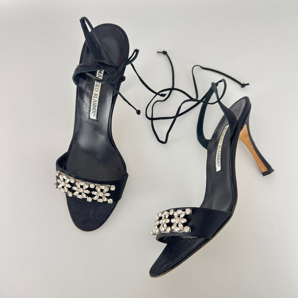 Manolo Blahnik | Black Satin Crystal Embellished Strappy Lace Up Heels (37.5)