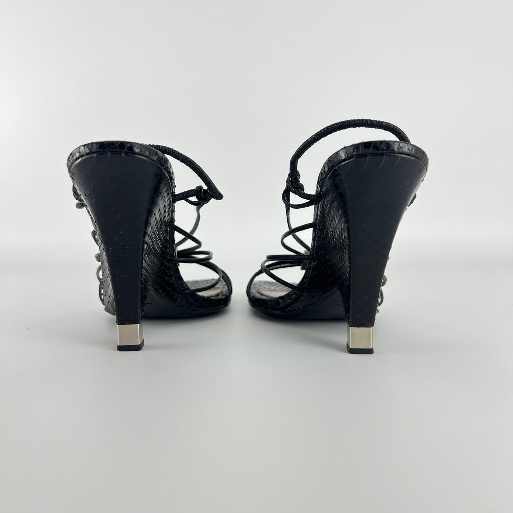 Louis Vuitton | Black Exotic Leather Silver Logo Plate Strappy Wedge Heels (37)