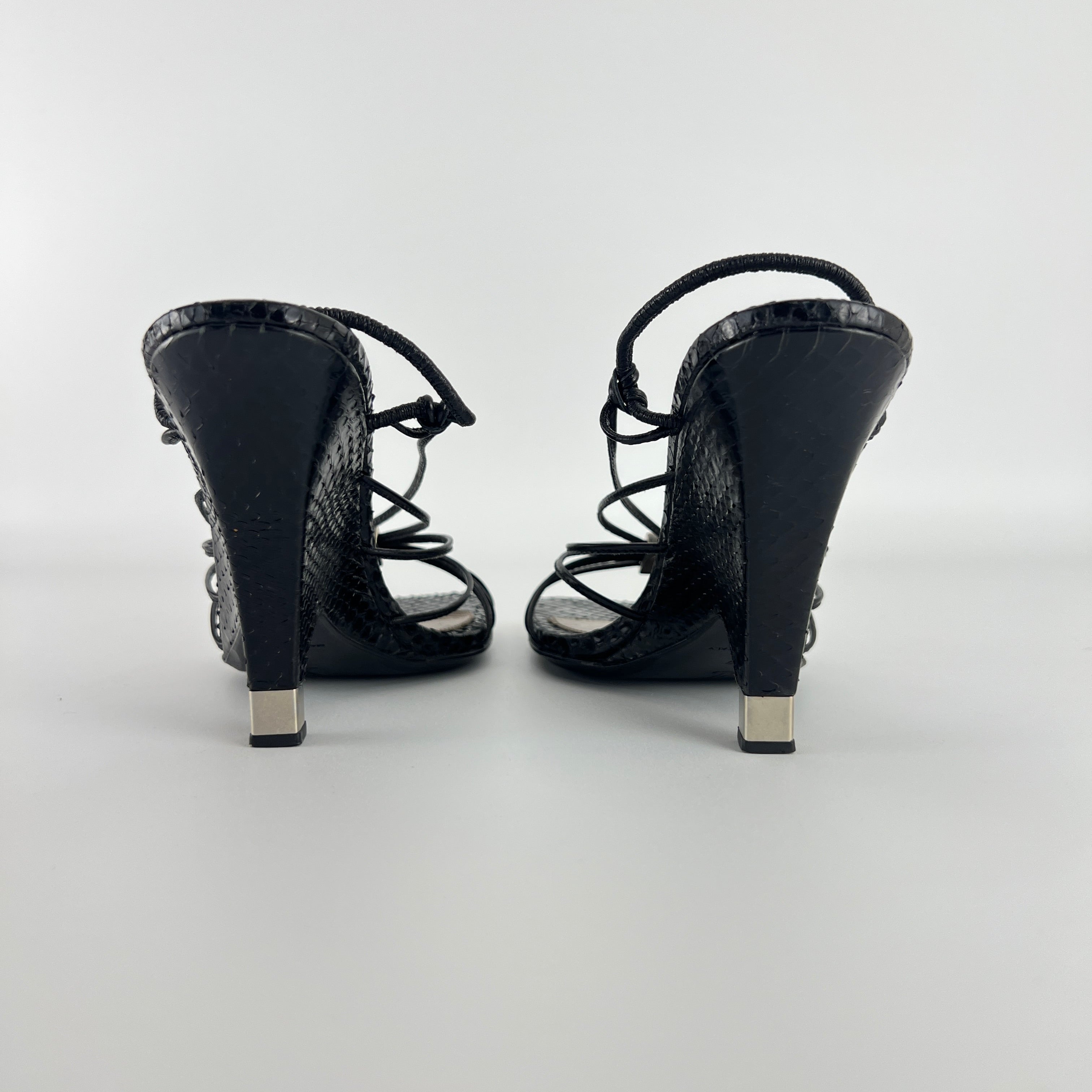 Louis Vuitton | Black Exotic Leather Silver Logo Plate Strappy Wedge Heels (37)