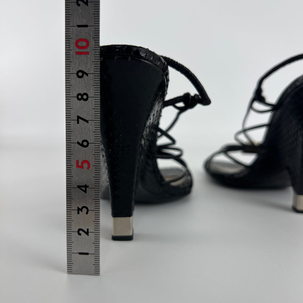 Louis Vuitton | Black Exotic Leather Silver Logo Plate Strappy Wedge Heels (37)