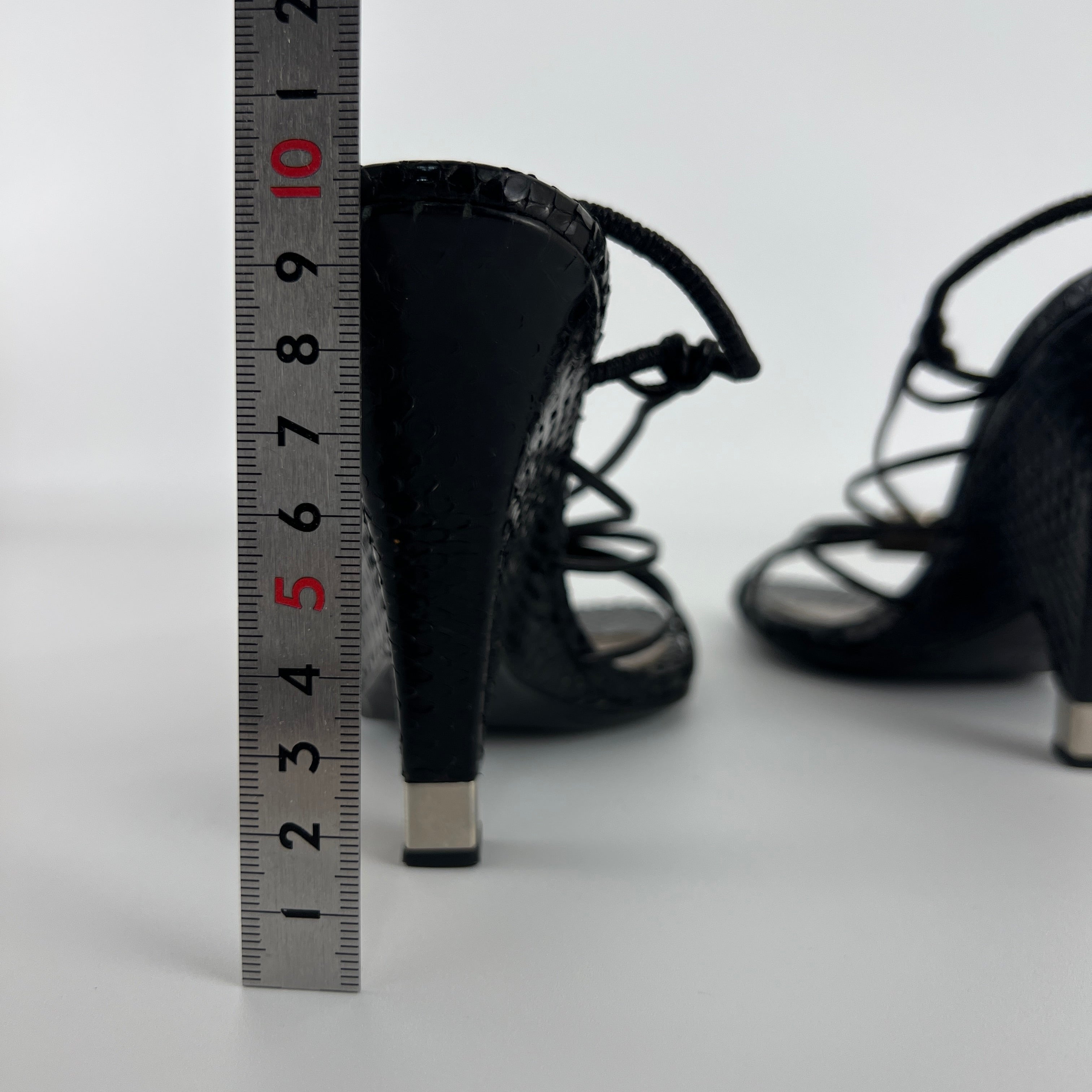 Louis Vuitton | Black Exotic Leather Silver Logo Plate Strappy Wedge Heels (37)