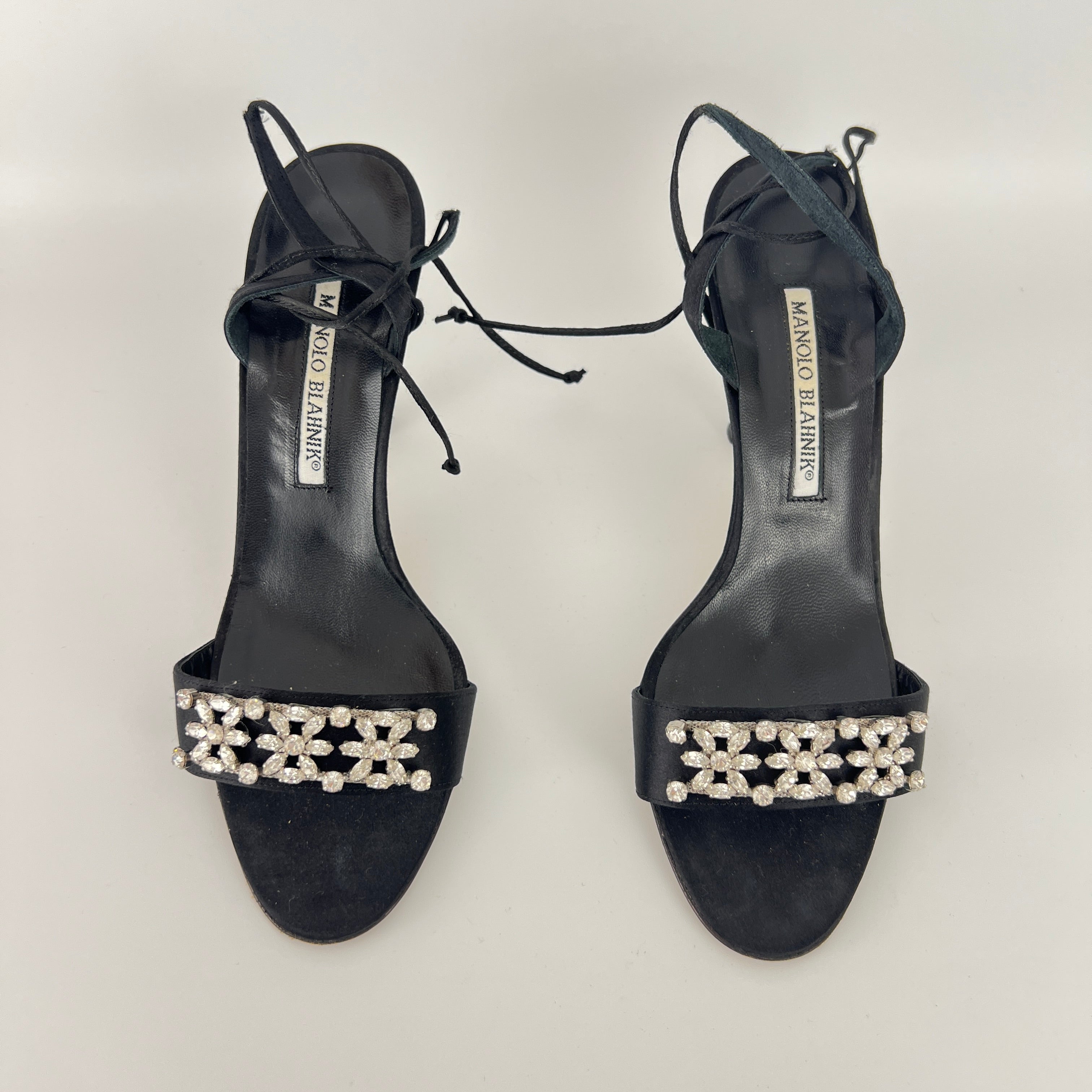 Manolo Blahnik | Black Satin Crystal Embellished Strappy Lace Up Heels (37.5)