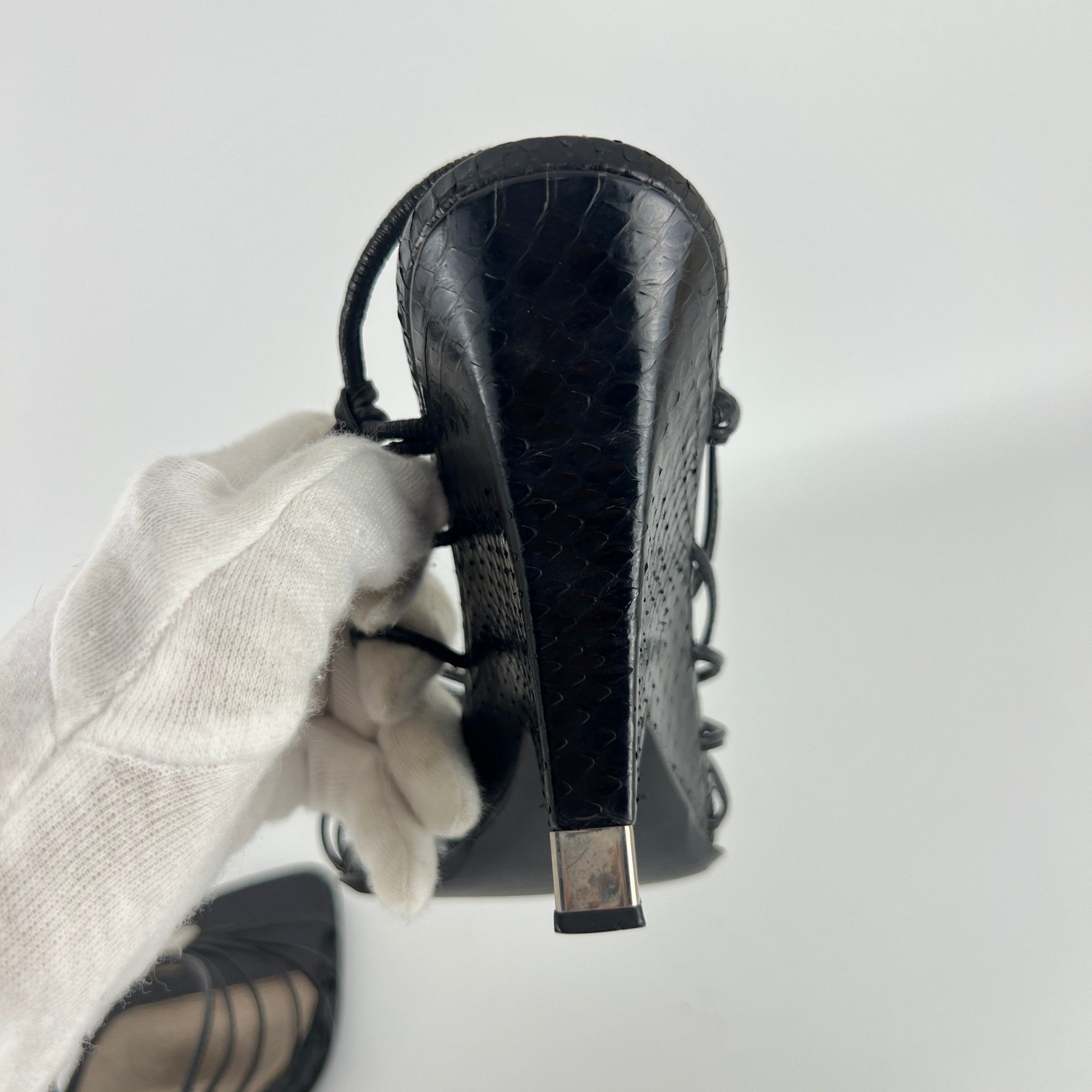 Louis Vuitton | Black Exotic Leather Silver Logo Plate Strappy Wedge Heels (37)