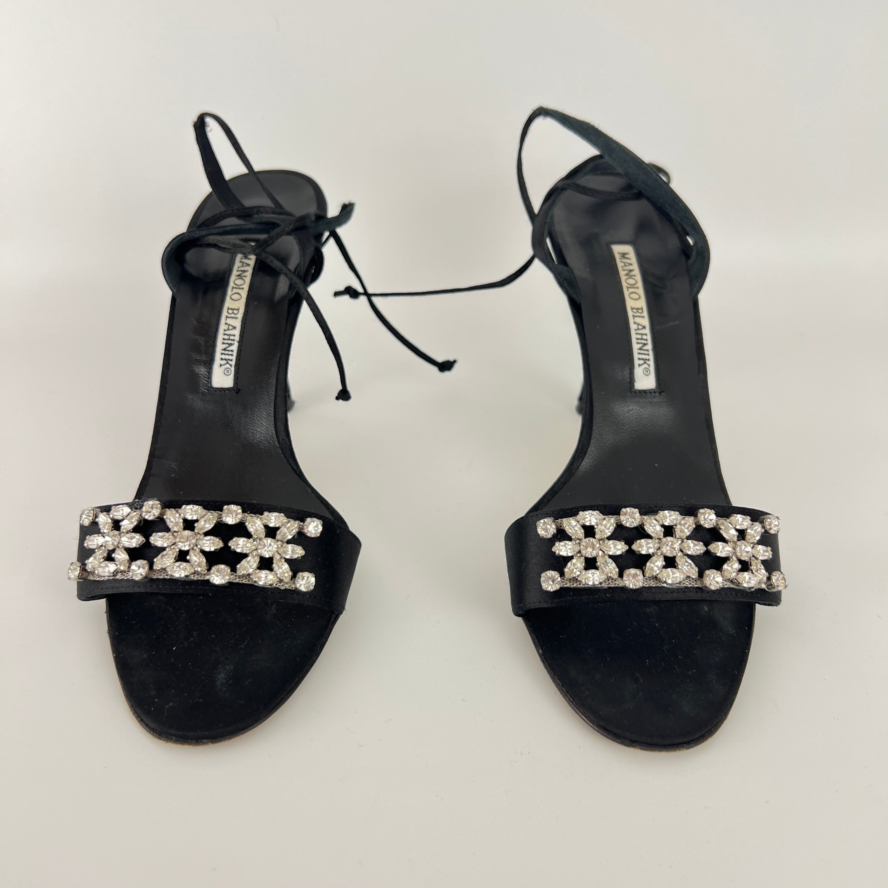 Manolo Blahnik | Black Satin Crystal Embellished Strappy Lace Up Heels (37.5)