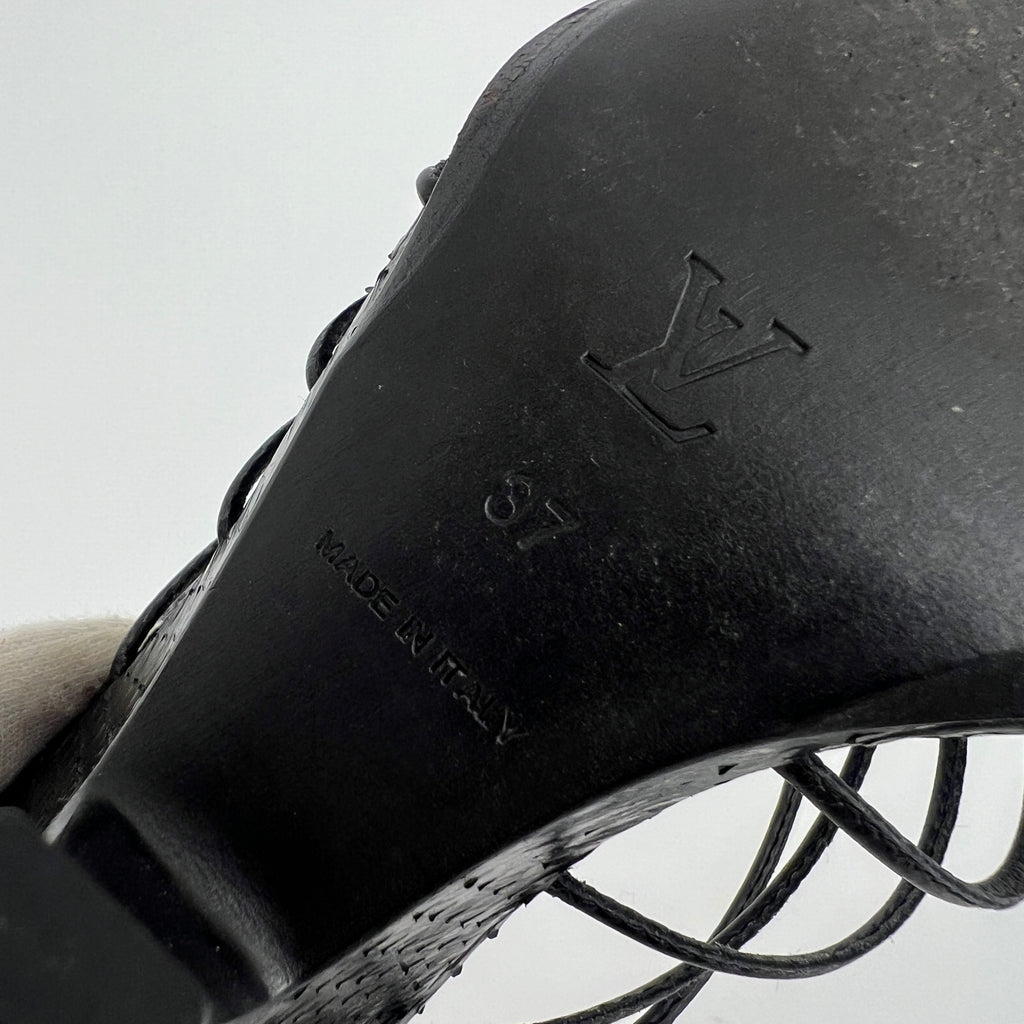 Louis Vuitton | Black Exotic Leather Silver Logo Plate Strappy Wedge Heels (37)