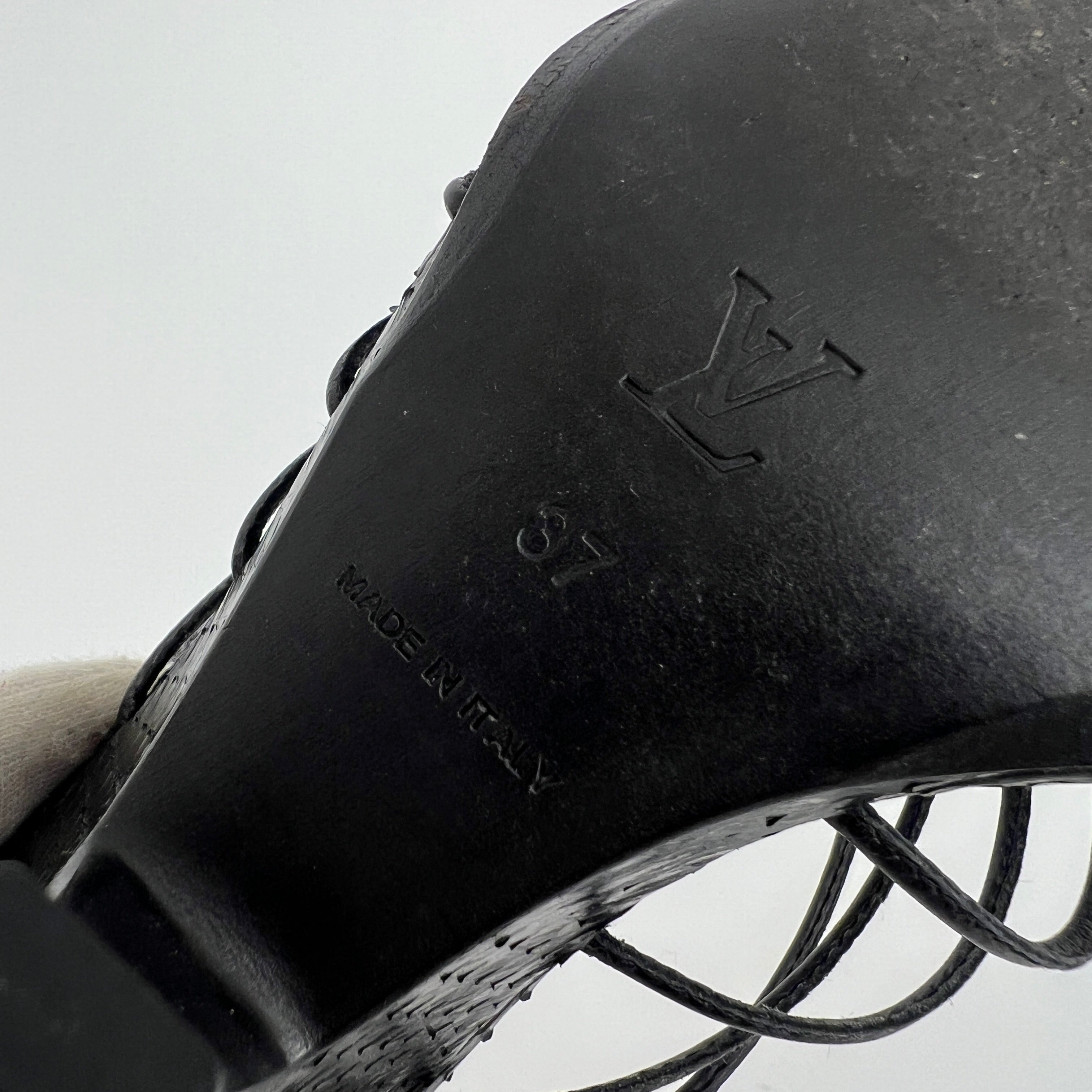 Louis Vuitton | Black Exotic Leather Silver Logo Plate Strappy Wedge Heels (37)