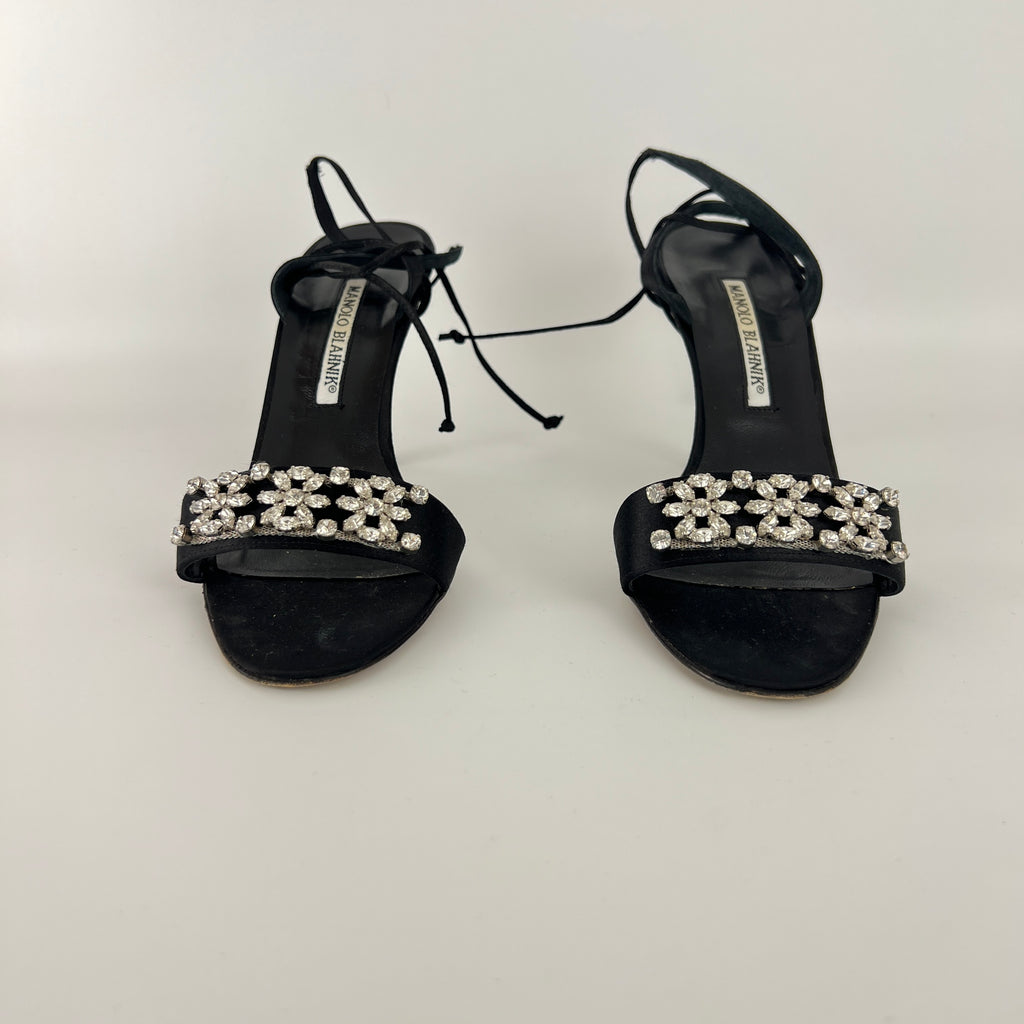 Manolo Blahnik | Black Satin Crystal Embellished Strappy Lace Up Heels (37.5)