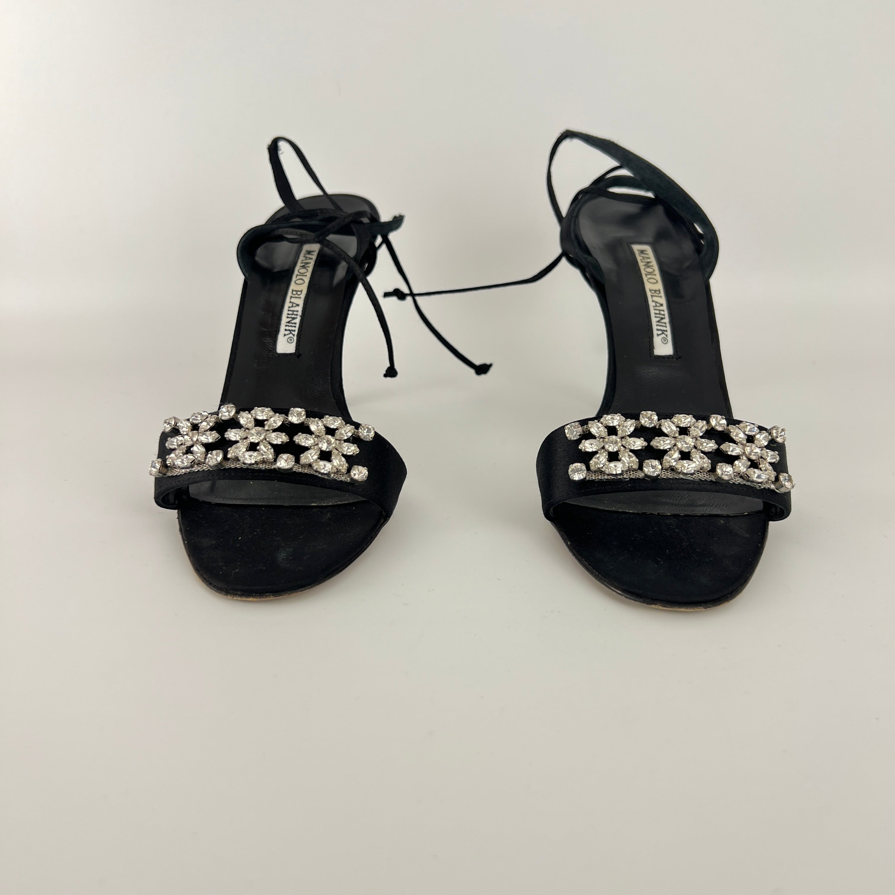 Manolo Blahnik | Black Satin Crystal Embellished Strappy Lace Up Heels (37.5)