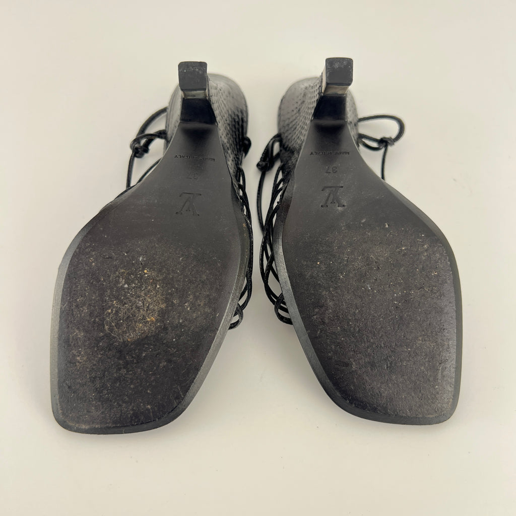 Louis Vuitton | Black Exotic Leather Silver Logo Plate Strappy Wedge Heels (37)