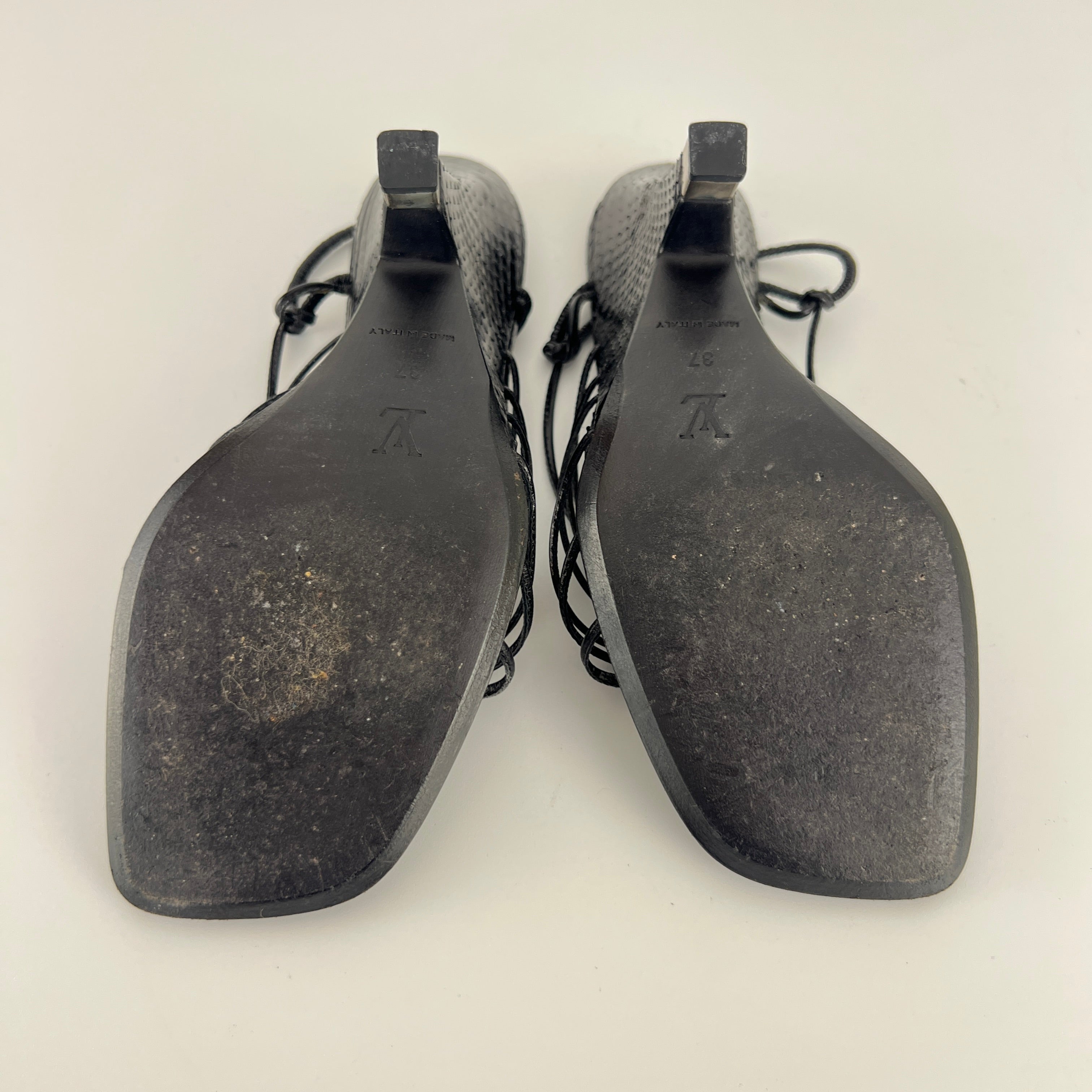Louis Vuitton | Black Exotic Leather Silver Logo Plate Strappy Wedge Heels (37)