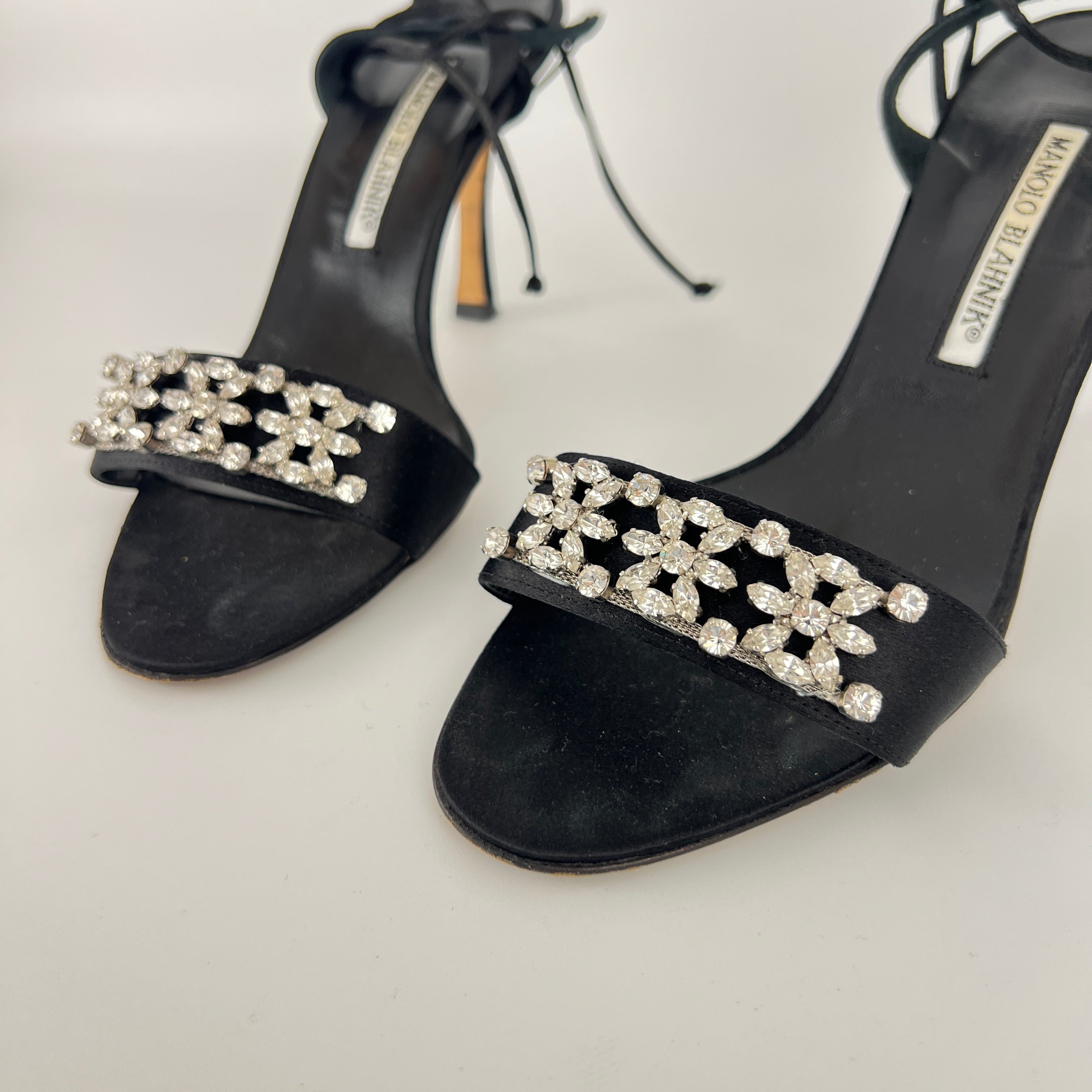 Manolo Blahnik | Black Satin Crystal Embellished Strappy Lace Up Heels (37.5)