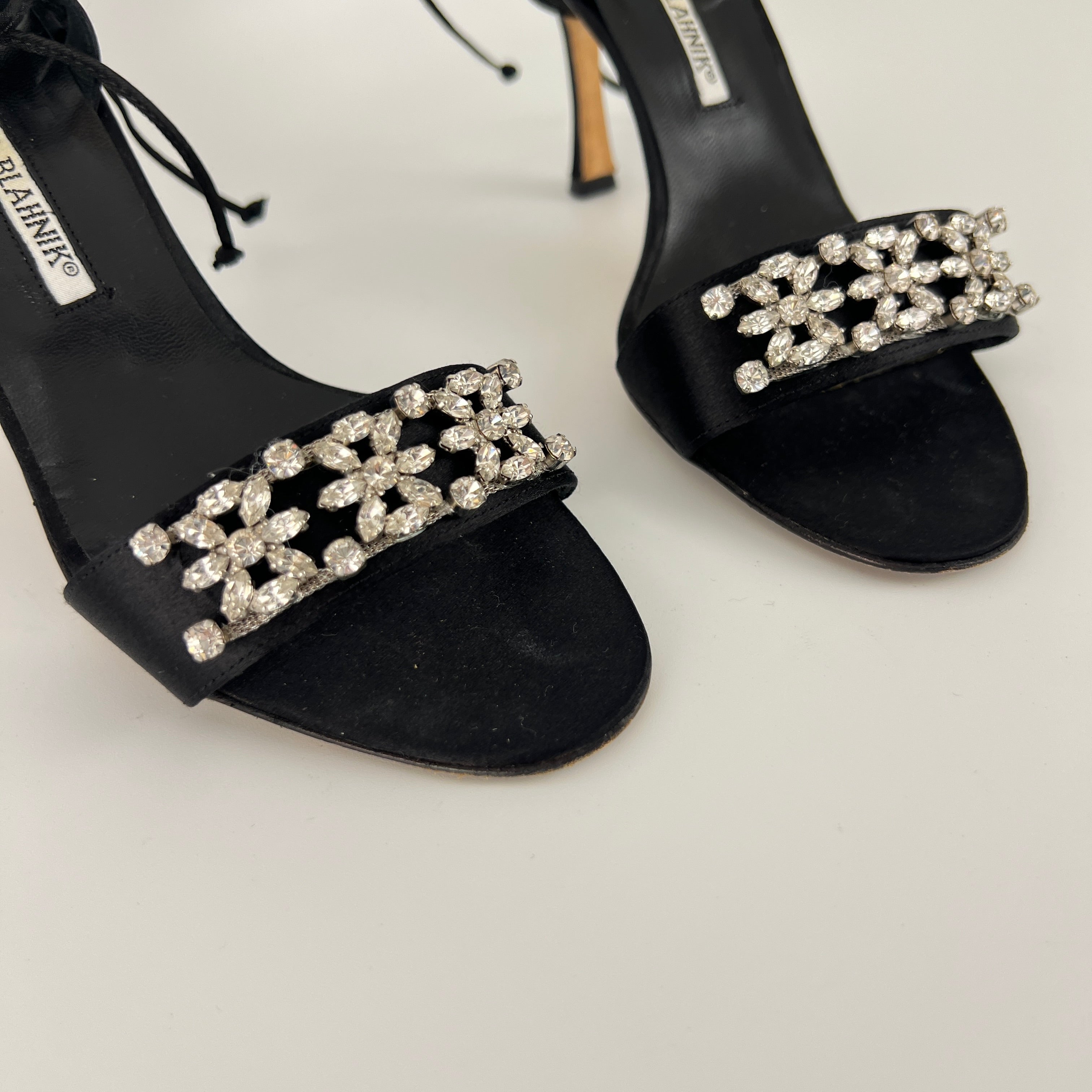 Manolo Blahnik | Black Satin Crystal Embellished Strappy Lace Up Heels (37.5)