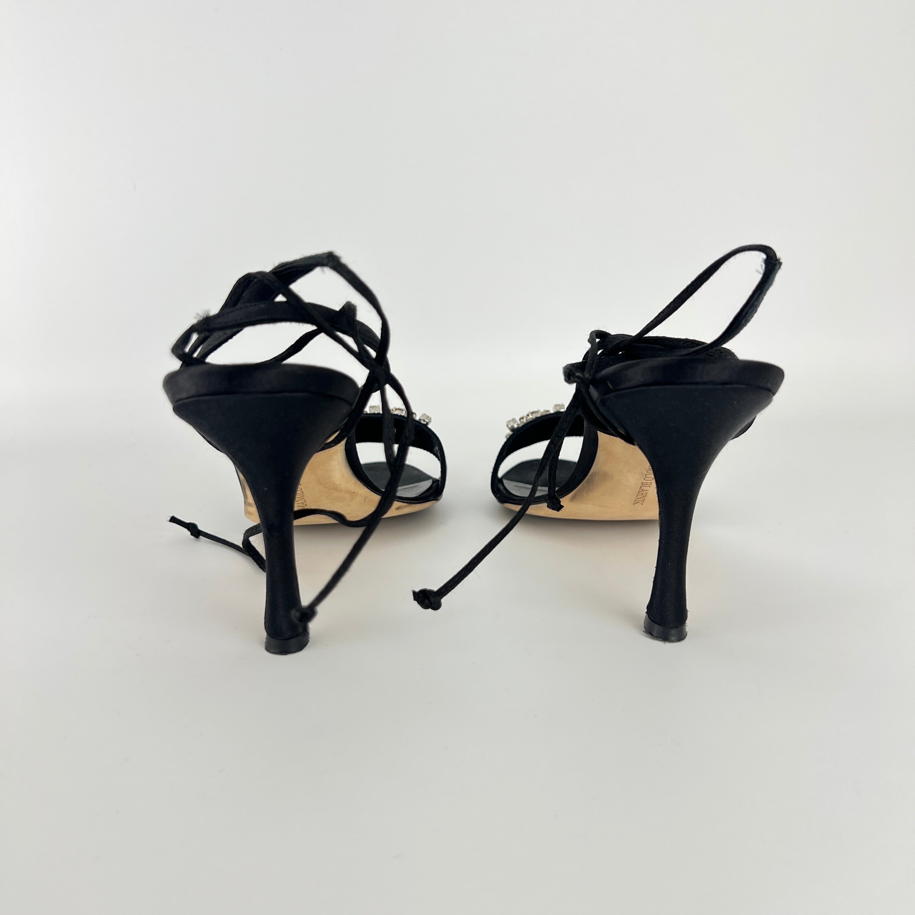 Manolo Blahnik | Black Satin Crystal Embellished Strappy Lace Up Heels (37.5)
