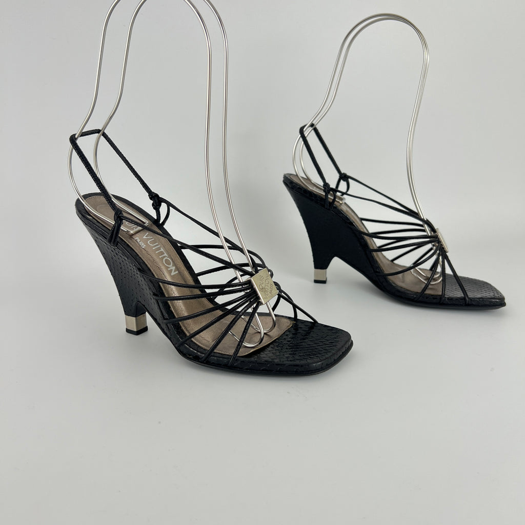 Louis Vuitton | Black Exotic Leather Silver Logo Plate Strappy Wedge Heels (37)