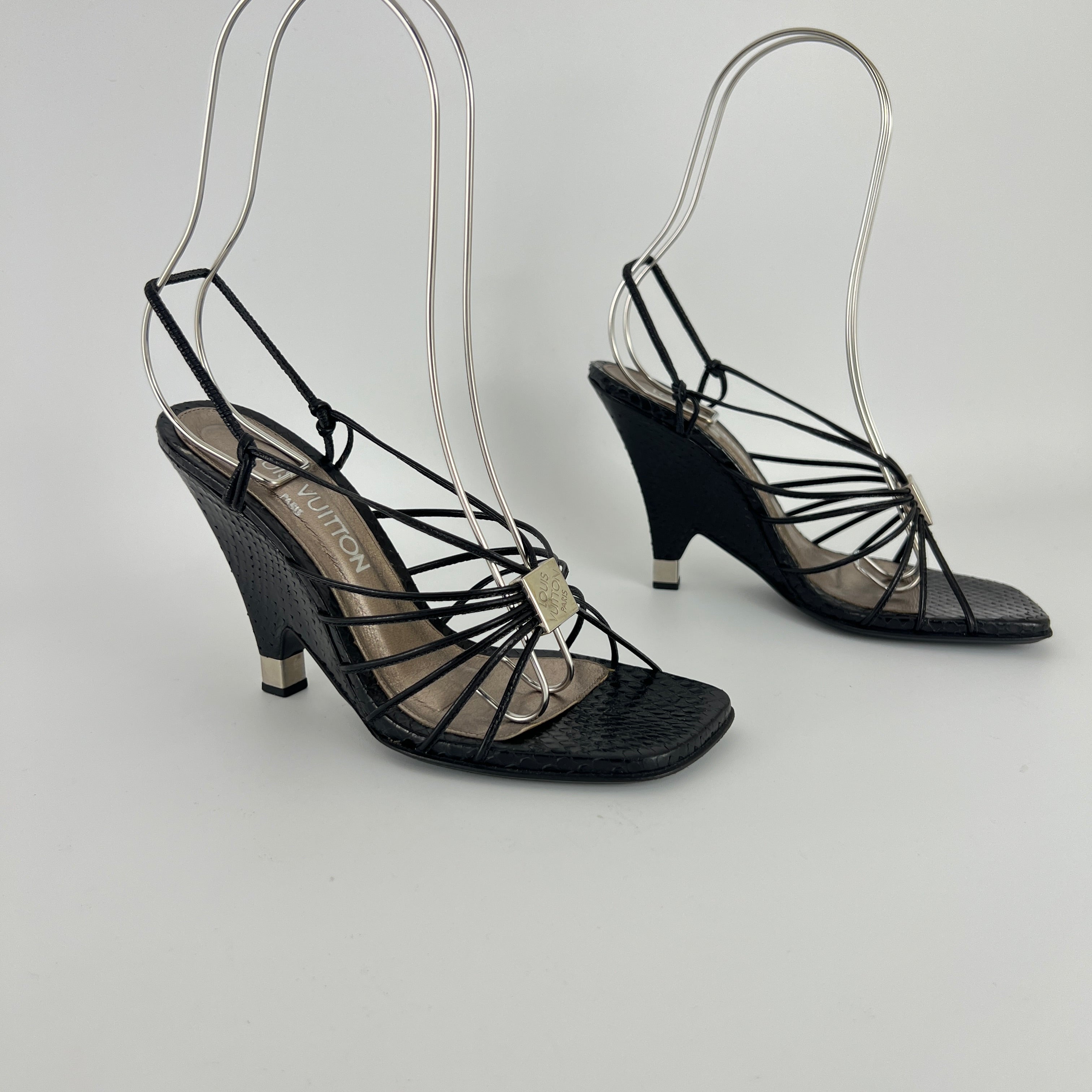 Louis Vuitton | Black Exotic Leather Silver Logo Plate Strappy Wedge Heels (37)