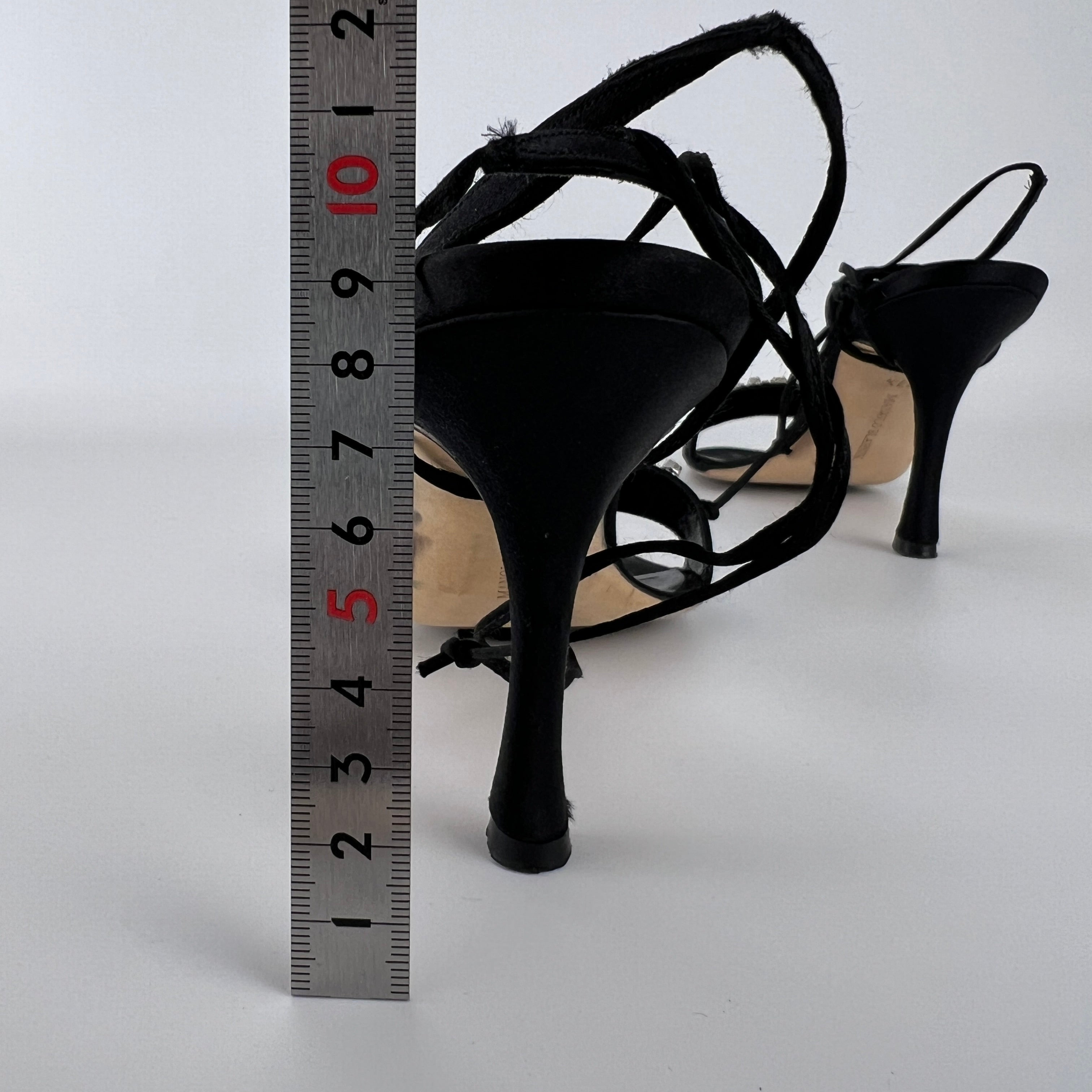 Manolo Blahnik | Black Satin Crystal Embellished Strappy Lace Up Heels (37.5)