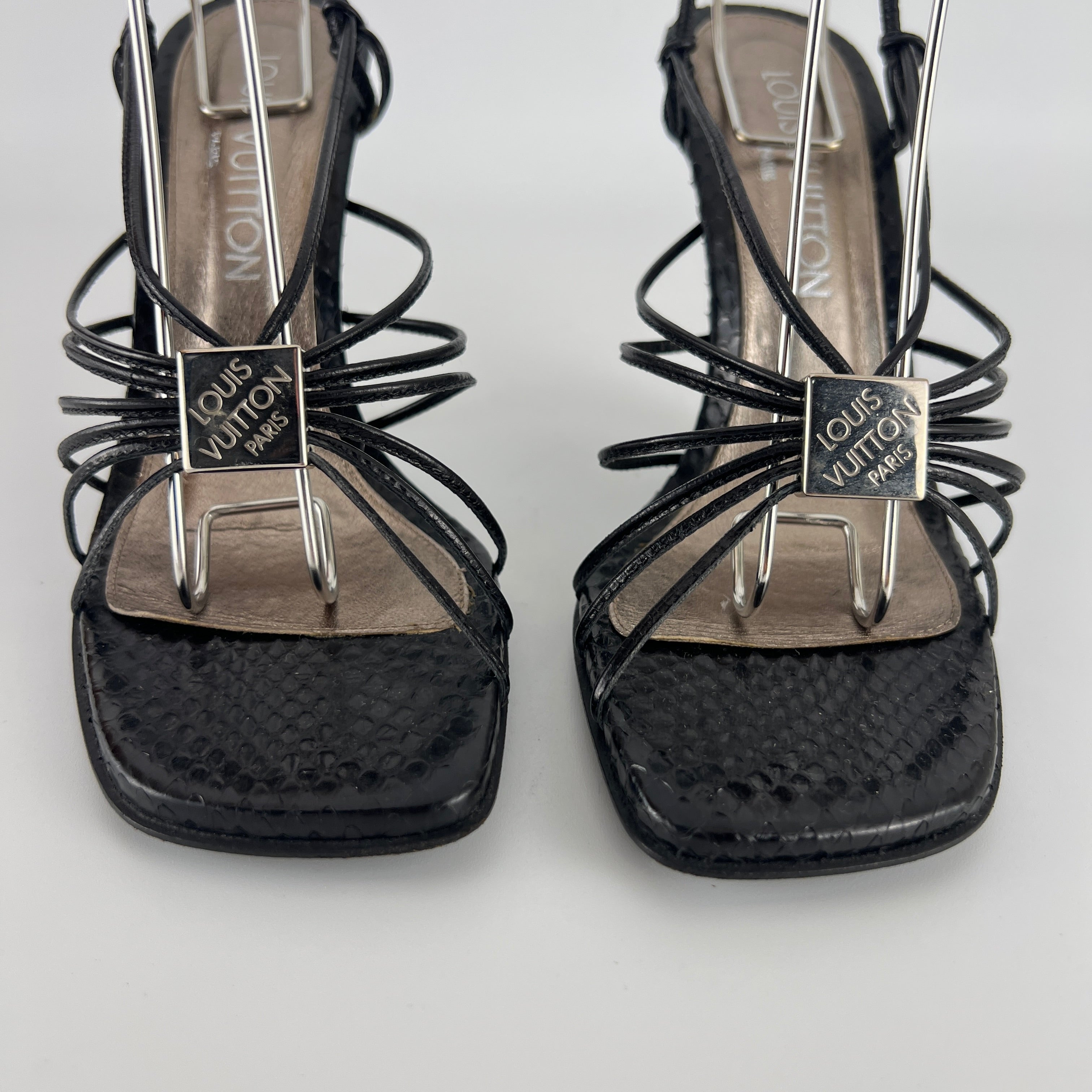 Louis Vuitton | Black Exotic Leather Silver Logo Plate Strappy Wedge Heels (37)
