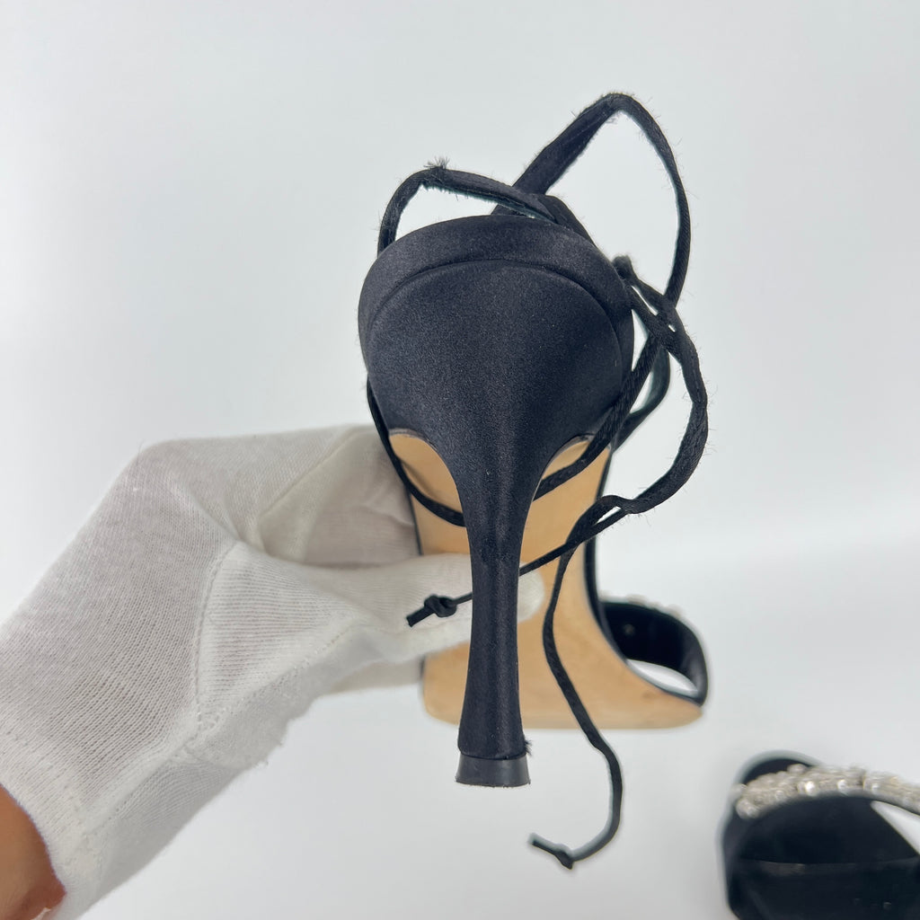 Manolo Blahnik | Black Satin Crystal Embellished Strappy Lace Up Heels (37.5)