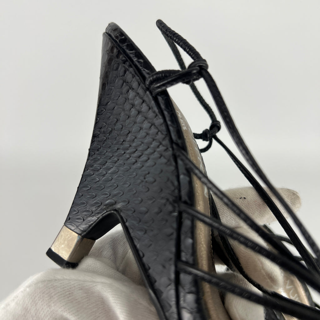 Louis Vuitton | Black Exotic Leather Silver Logo Plate Strappy Wedge Heels (37)