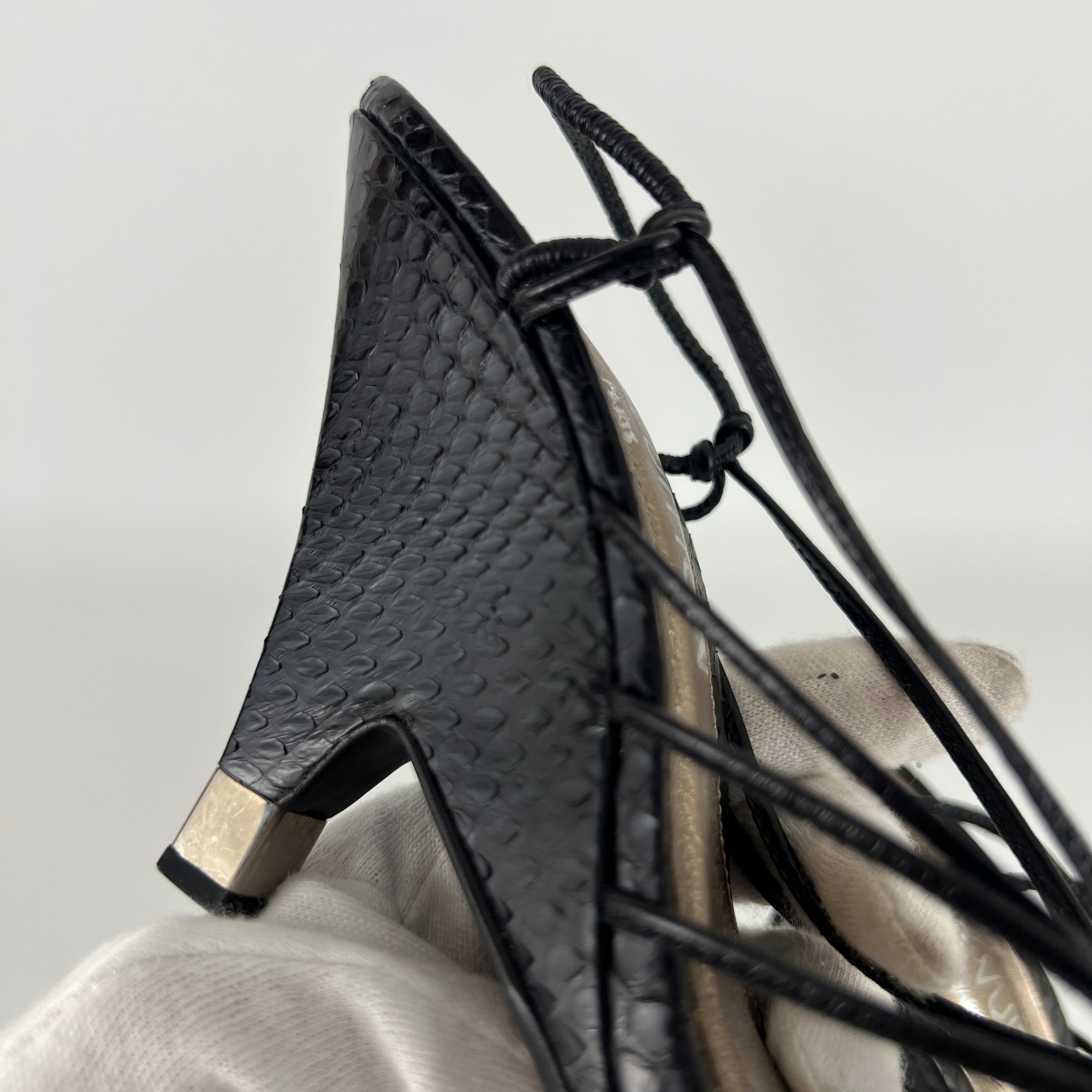 Louis Vuitton | Black Exotic Leather Silver Logo Plate Strappy Wedge Heels (37)