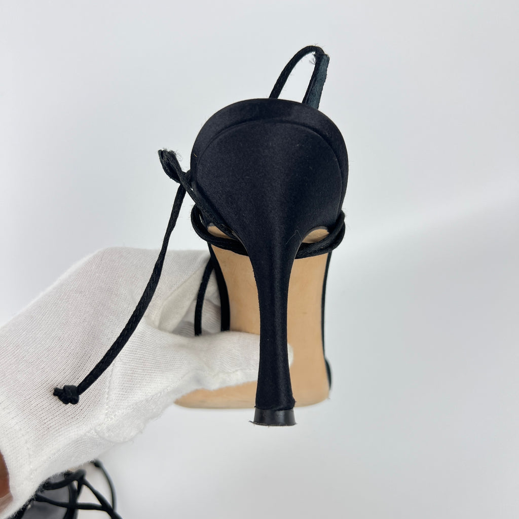 Manolo Blahnik | Black Satin Crystal Embellished Strappy Lace Up Heels (37.5)