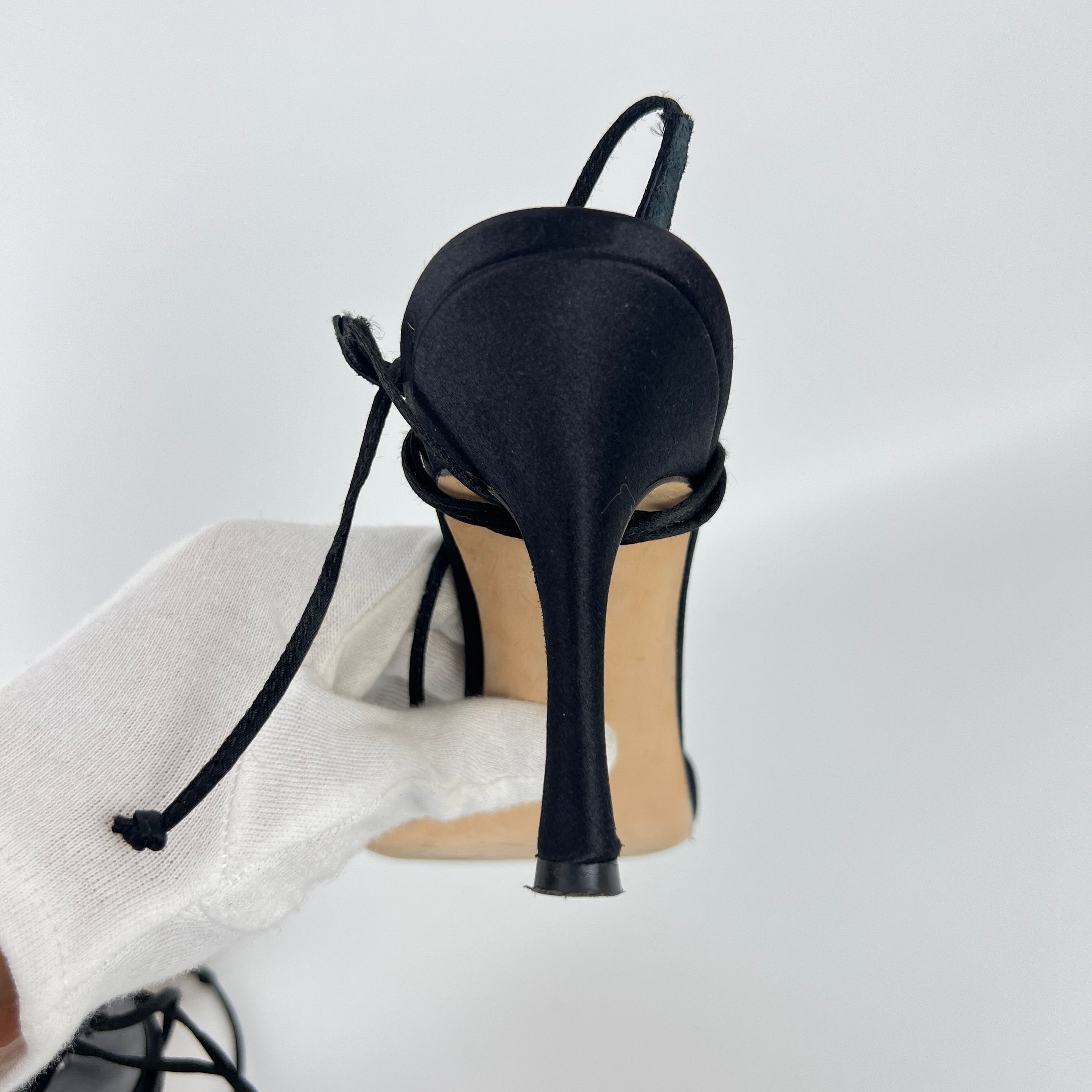 Manolo Blahnik | Black Satin Crystal Embellished Strappy Lace Up Heels (37.5)