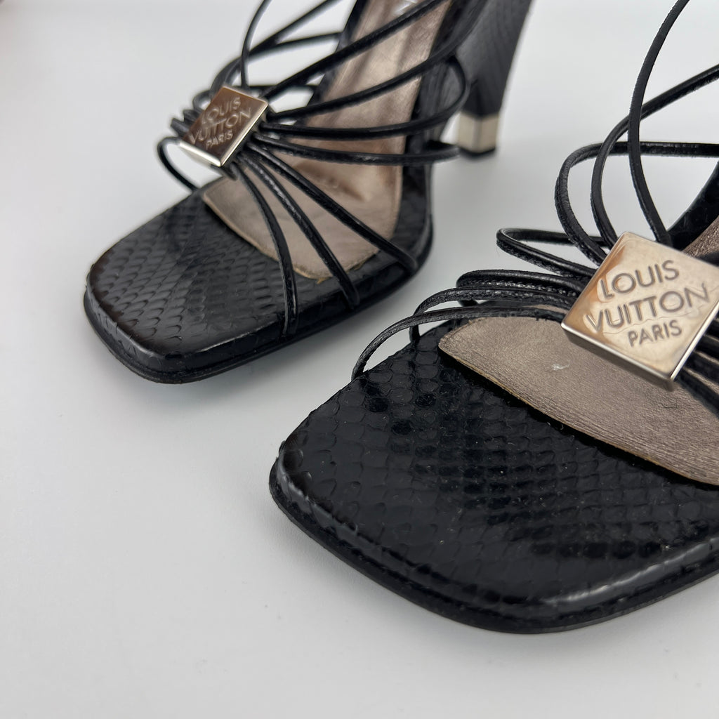Louis Vuitton | Black Exotic Leather Silver Logo Plate Strappy Wedge Heels (37)