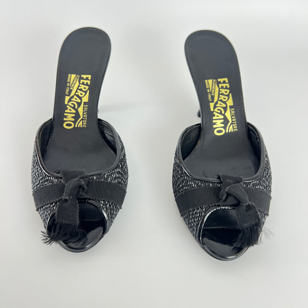 Ferragamo | Black Bow Ribbon Leather Stiletto Mules (5C , EU 35)