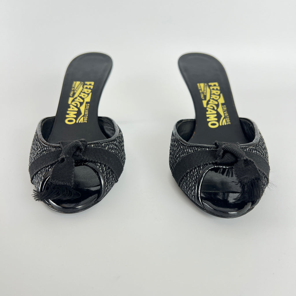 Ferragamo | Black Bow Ribbon Leather Stiletto Mules (5C , EU 35)