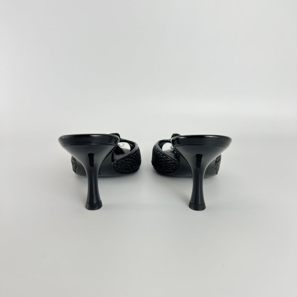 Ferragamo | Black Bow Ribbon Leather Stiletto Mules (5C , EU 35)