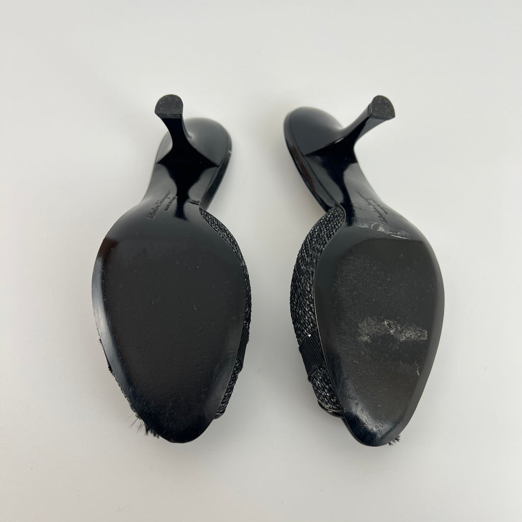 Ferragamo | Black Bow Ribbon Leather Stiletto Mules (5C , EU 35)
